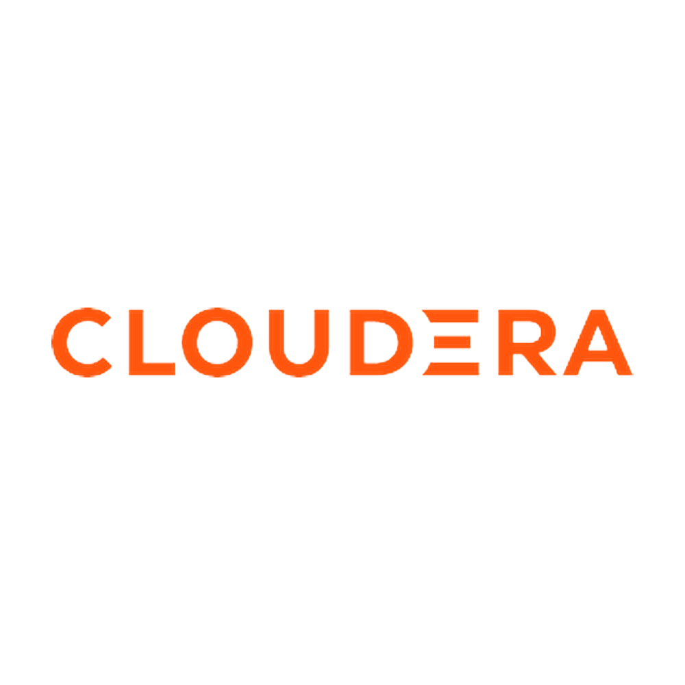 Logo of Cloudera with black background and orange text.