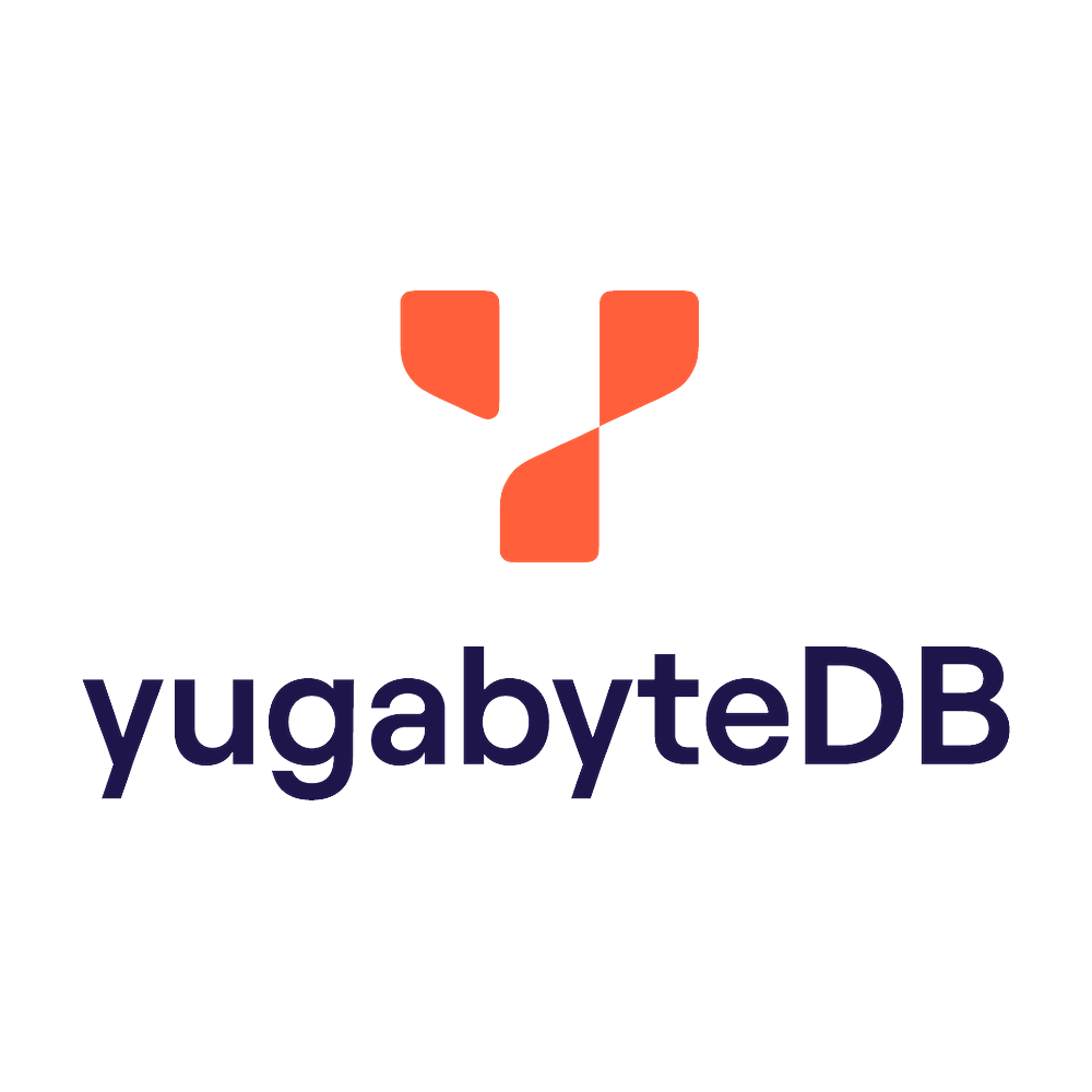 Logo of YugabyteDB, featuring a stylized orange and pink Y-shaped symbol above the text 'yugabyteDB' in dark purple.