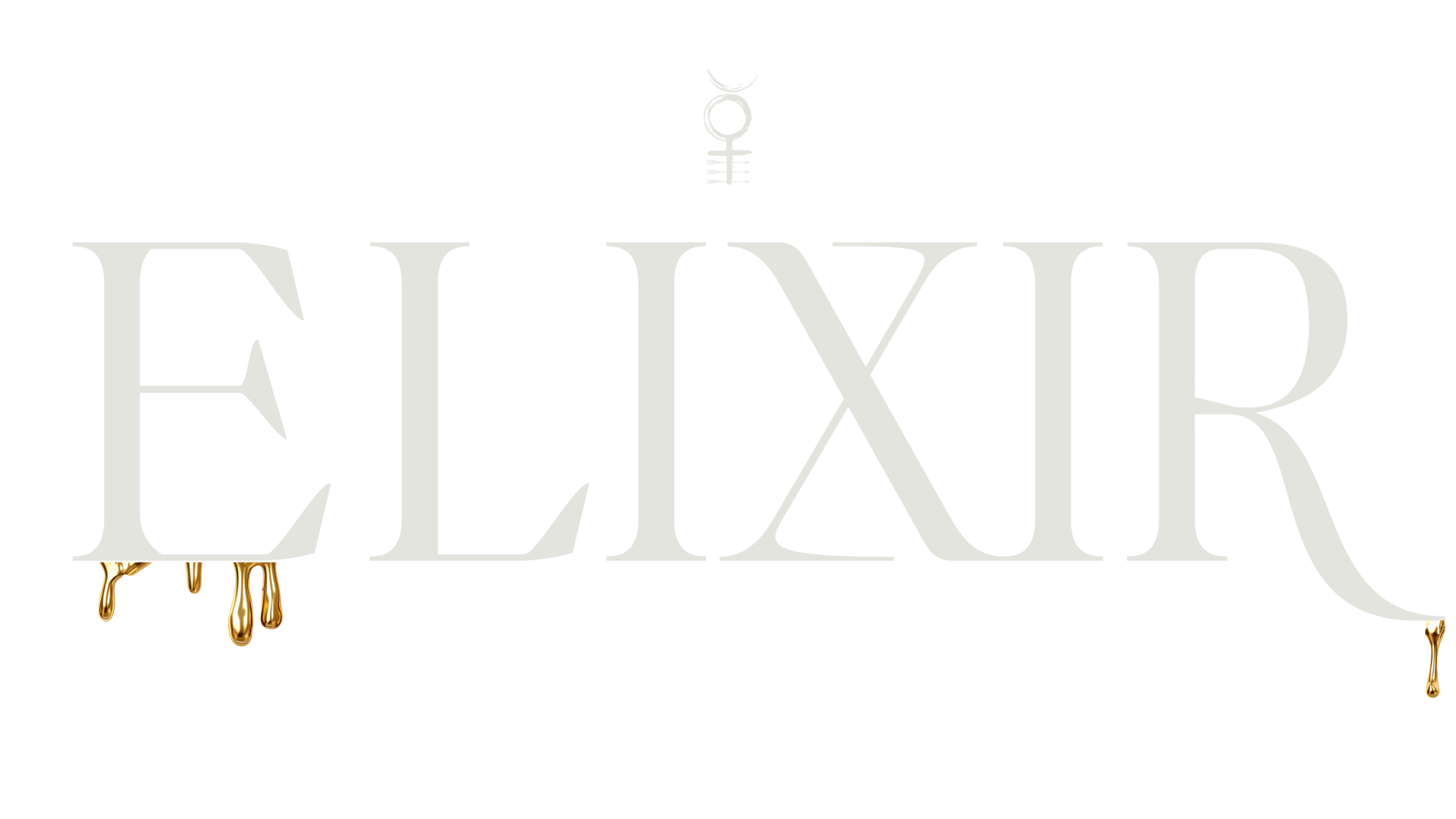 The word 'ELIXIR' written in large, elegant gray letters against a black background. A small ghostly skull icon is positioned above the text, and golden drips appear at the bottom of the letters.