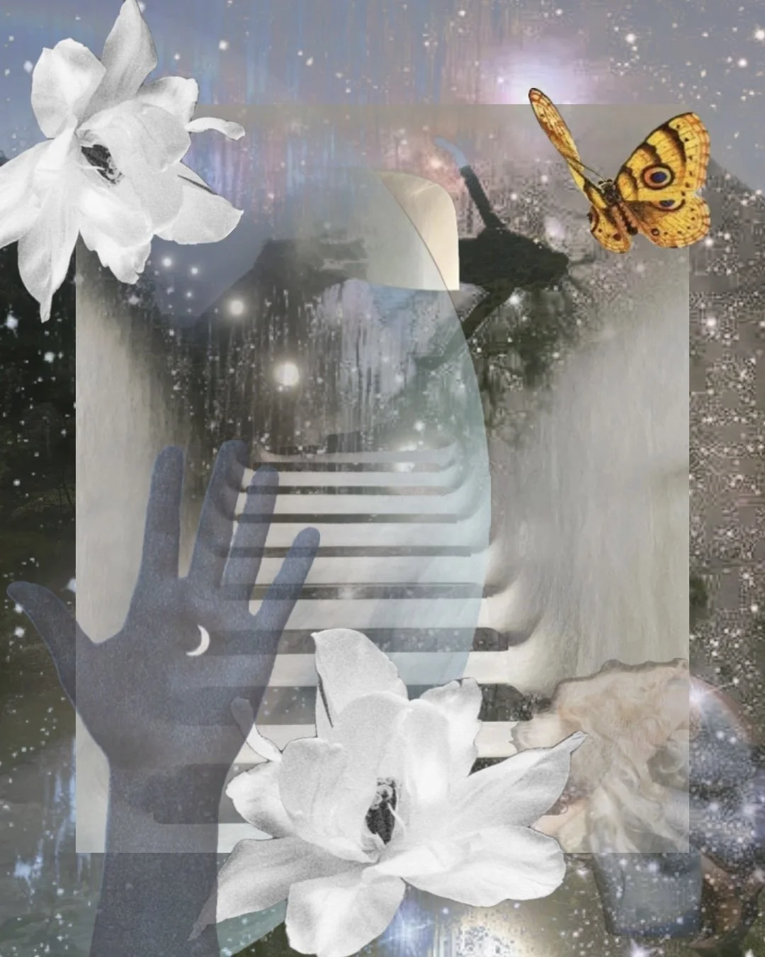 A collage featuring a black hand with a crescent moon on the wrist, white orchids, a butterfly, a small dog, a piano, and a starry night sky with cosmic effects.