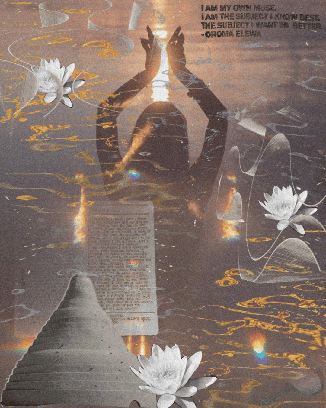 A person is holding their hands in a prayer position above water at sunset, with lotus flowers, text, and decorative swirls overlaid, creating an artistic and reflective composition.