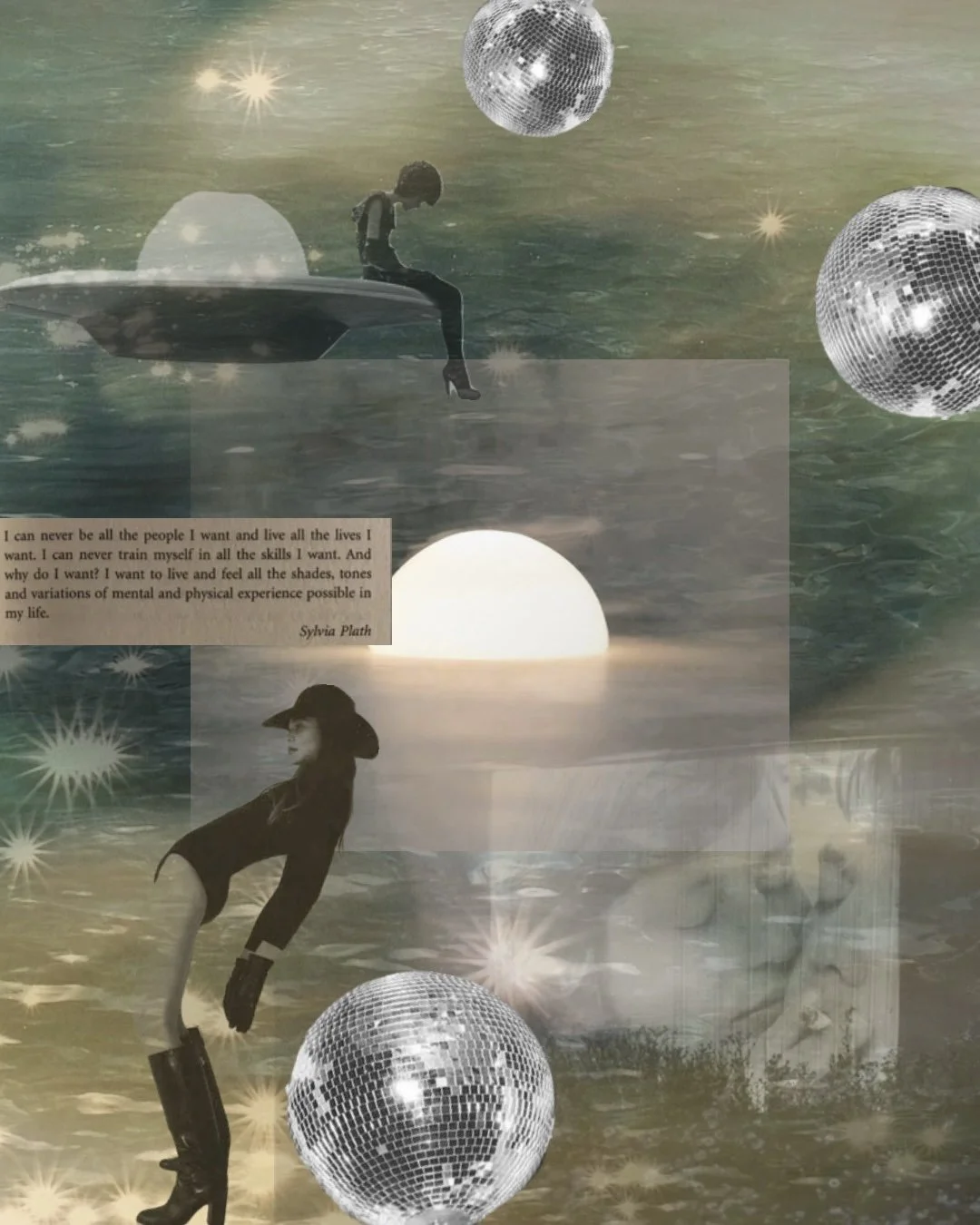 A surreal digital collage with a young girl sitting on a small skateboard floating above water, large disco balls, and star-like sparkles, with a sunset or sunrise in the background. Includes a quote from Sylvia Plath about personal growth and life experience.