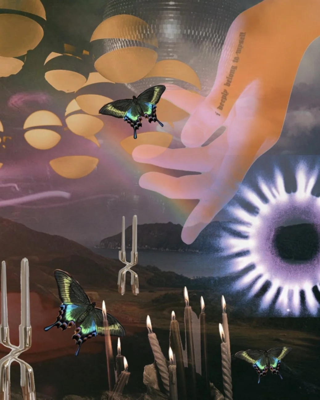 Collage with butterflies, floating candles, a fountain, mountains, and a mural of a hand and eye.