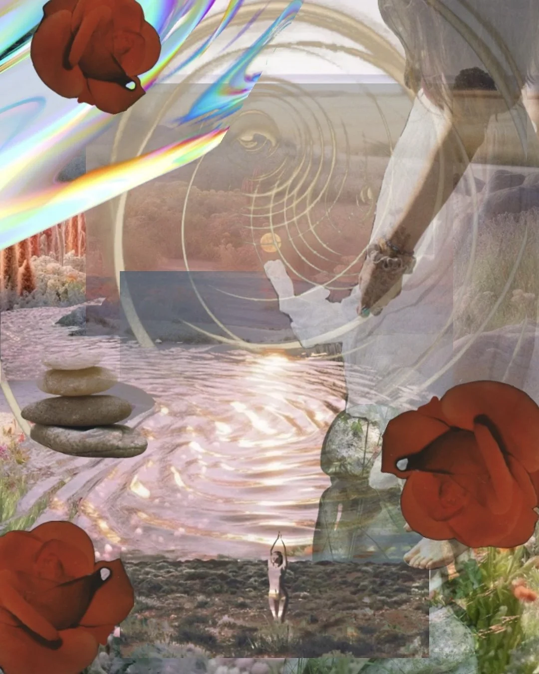 A layered collage featuring a woman holding an umbrella, red flowers, a stack of stones, a landscape with water and trees, and swirling graphic elements.