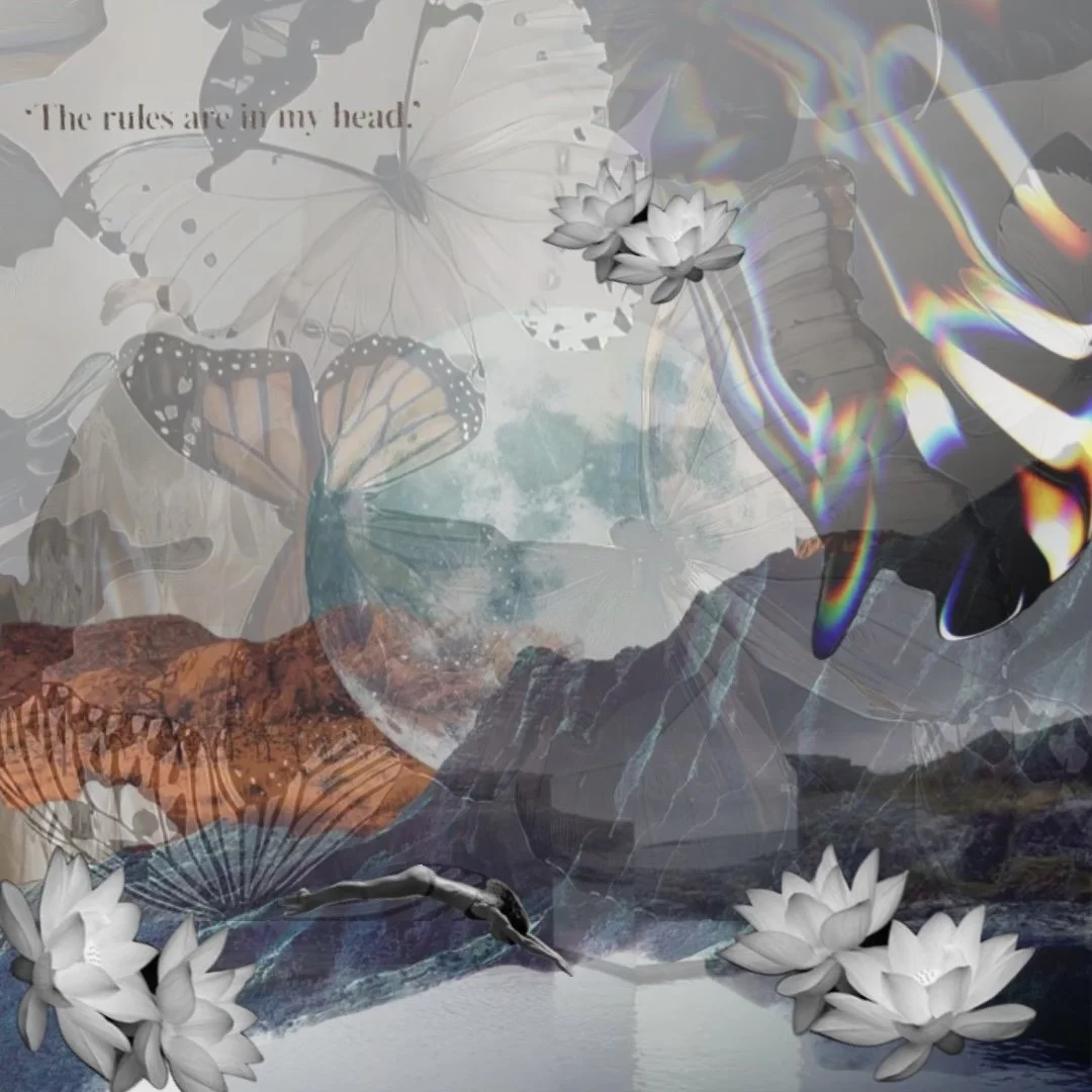 A surreal digital collage featuring butterflies, lotus flowers, mountains, a body of water, a paintbrush, and a rainbow streak, with one butterfly in color and the rest in black and white. Overlaid text reads, "The rules are in my head."