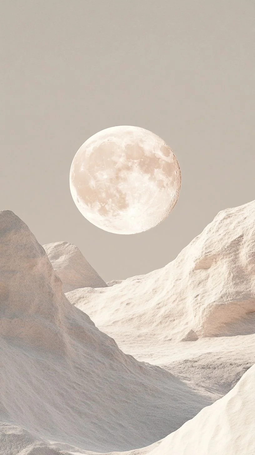 Large moon over snow-covered mountain landscape.
