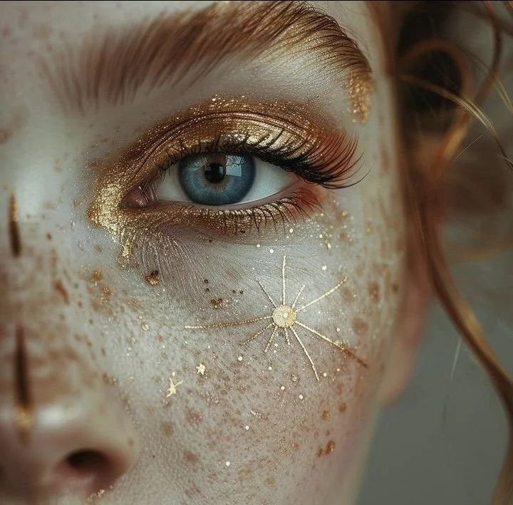 Close-up of a woman's face with blue eyes, decorated with gold makeup, glitter, and star-shaped face art.