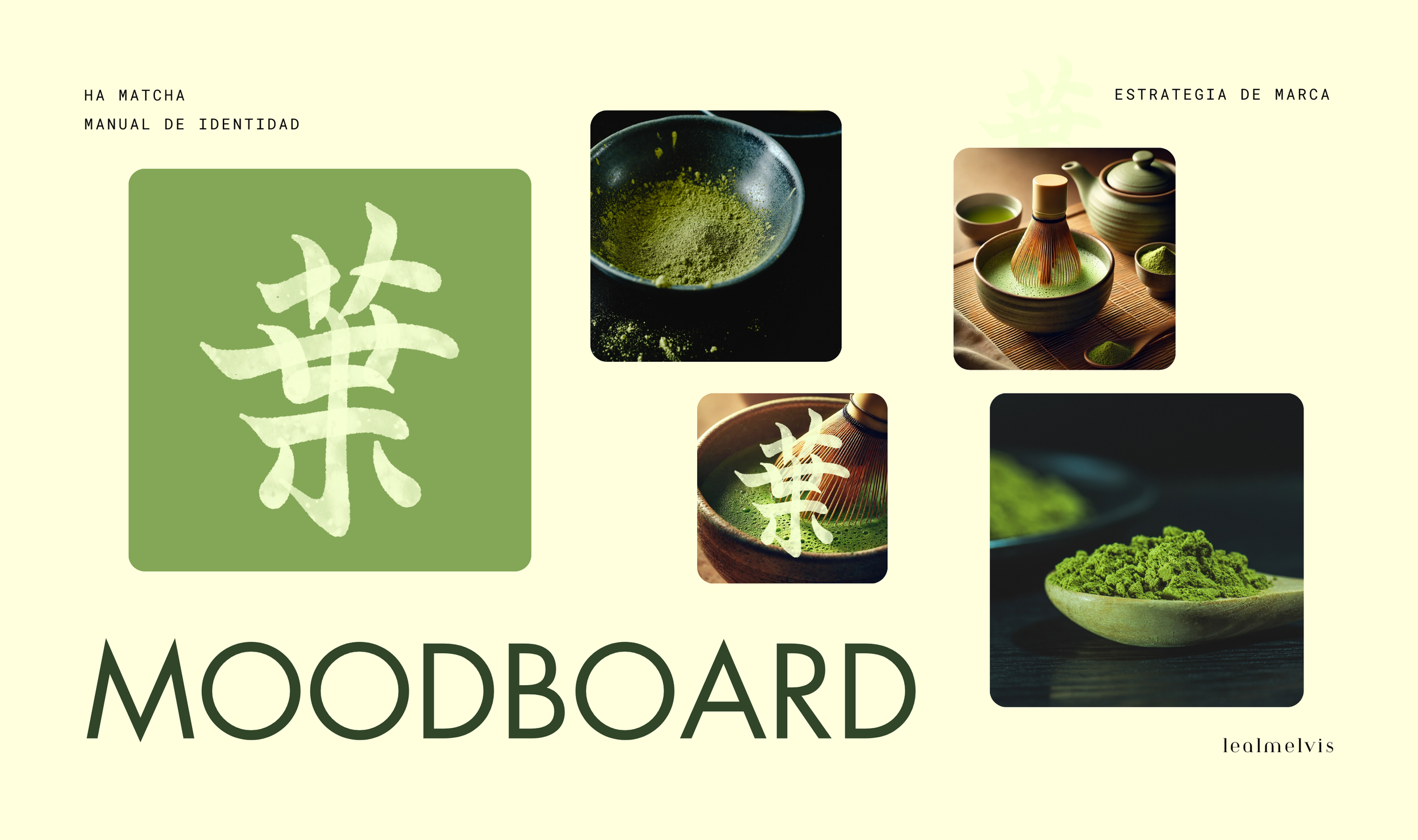 Imágenes de polvo de matcha, taza con té de matcha, utensilios para preparar matcha, y una cuchara con polvo de matcha, en fondo beige con caracteres en japonés y texto en español