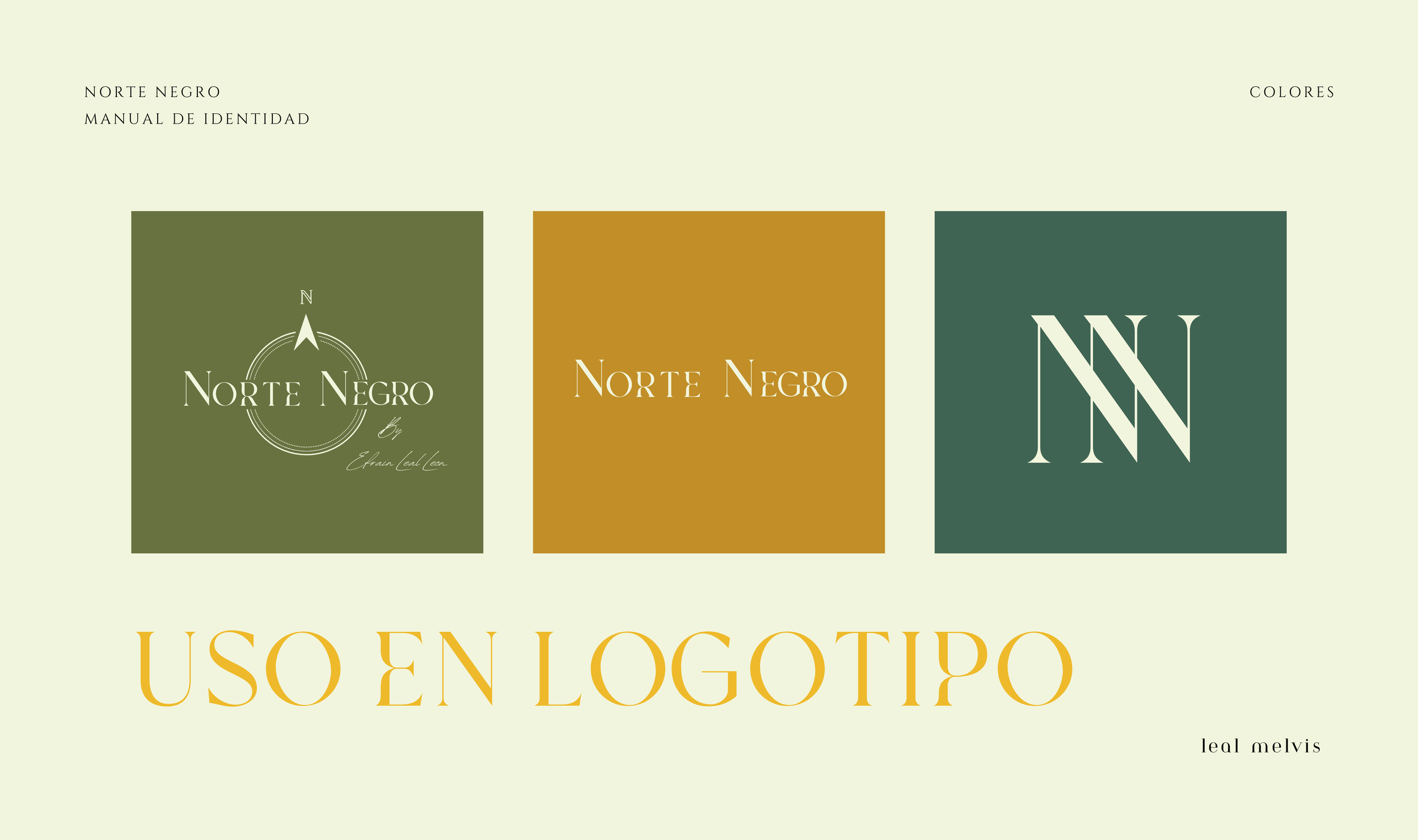 Imagen con tres logotipos diferentes de 'Norte Negro', en fondos de color verde, mostaza y verde oscuro, y con texto que indica uso en logotipo, titulado 'Uso en Logotipo'