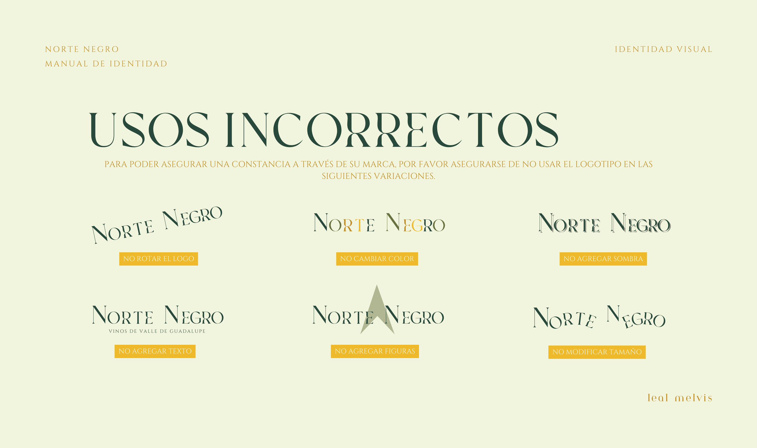 Guía sobre usos incorrectos de la marca 'Norte Negro', con ejemplos de errores comunes en el diseño y etiquetas en color amarillo.