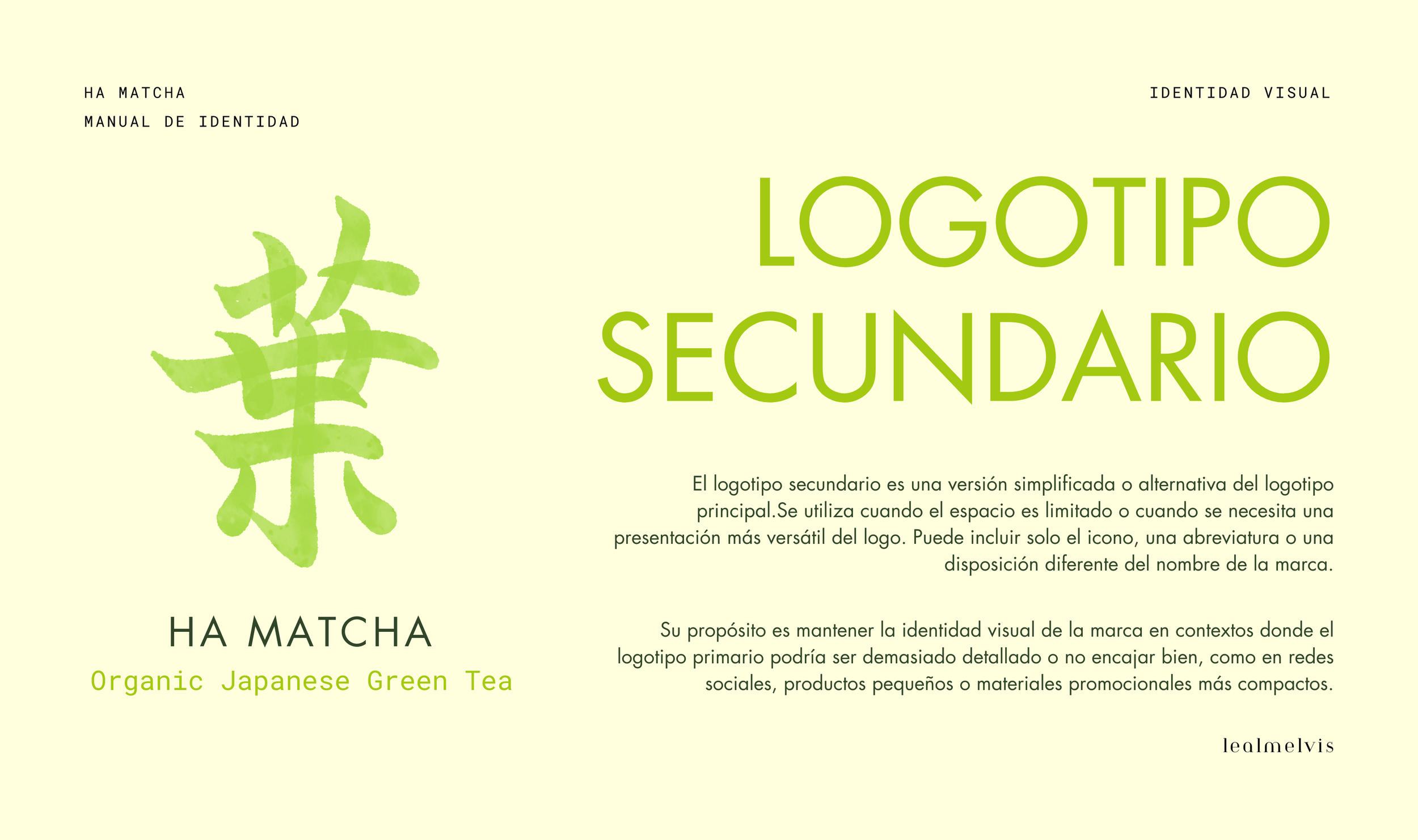 Diseño de manual de identidad de marca con un logotipo japonés en color verde, texto explicativo sobre el logotipo secundario y sus usos, con fondo en color crema y detalles en diferentes tonos de verde.