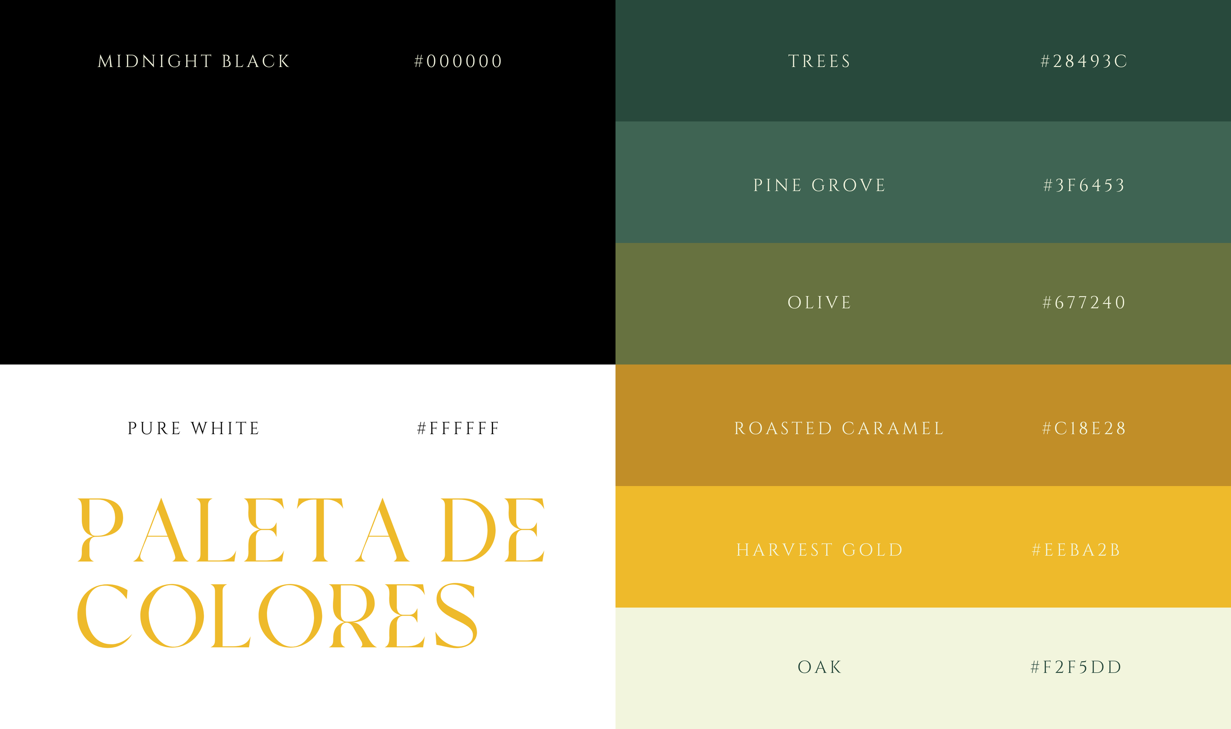 Paleta de colores con ocho franjas y sus nombres y códigos de color. De arriba a abajo: Midnight Black (#000000), Trees (#28493C), Pine Grove (#3F6453), Olive (#677240), Roasted Caramel (#C18E28), Harvest Gold (#EEBA2B), Oak (#F2F5DD). Texto en español que dice 'Paleta de Colores' en amarillo en fondo blanco.