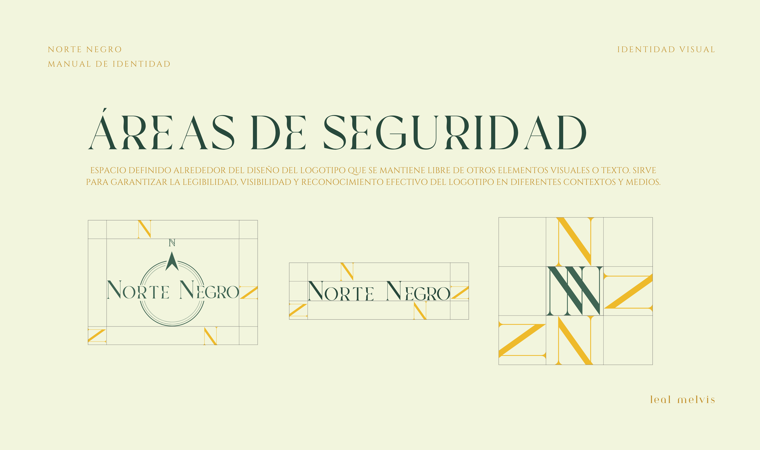 Diseño de logotipo y guías de seguridad para 'Norte Negro', con diferentes versiones del logotipo enmarcadas en cuadrículas, y texto explicativo en fondo beige con detalles en naranja y verde oscuro.