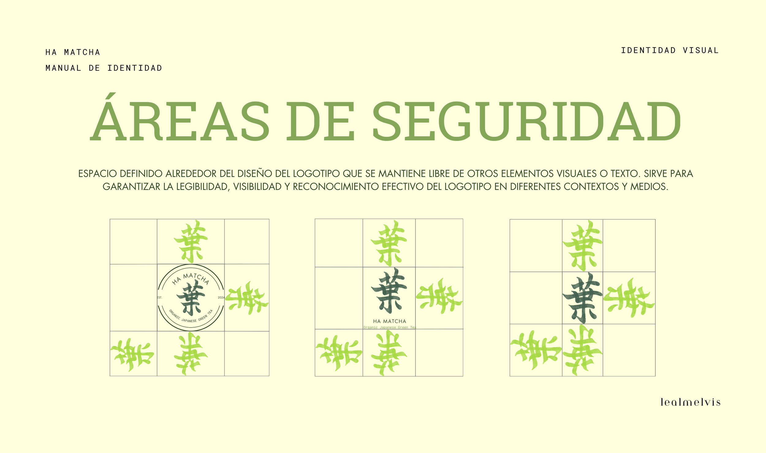 Diagrama que muestra áreas de seguridad para un logotipo de té de matcha, con tres diferentes diseños del logotipo en cuadros y la descripción en español.