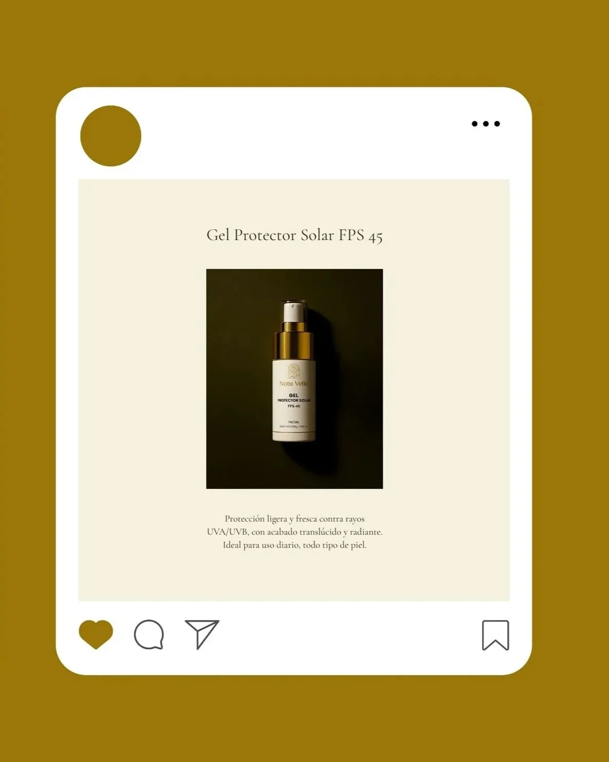 Anuncio de spray protector solar FPS 45 con envase dorado y blanco, en fondo oscuro, en una publicación de redes sociales.