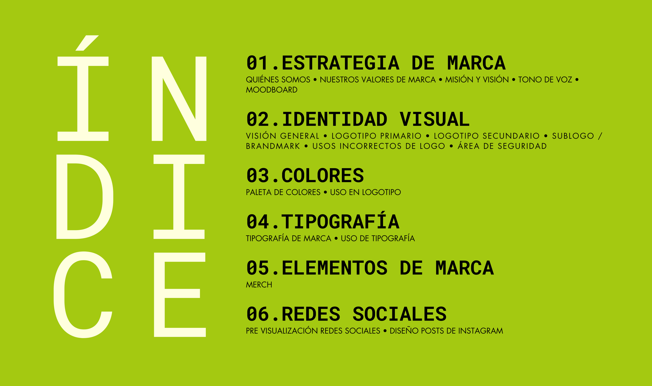 Imagen de fondo verde con texto en negro y blanco que describe varios aspectos de la identidad de marca, incluyendo estrategia de marca, identidad visual, colores, tipografía, elementos de marca y redes sociales.