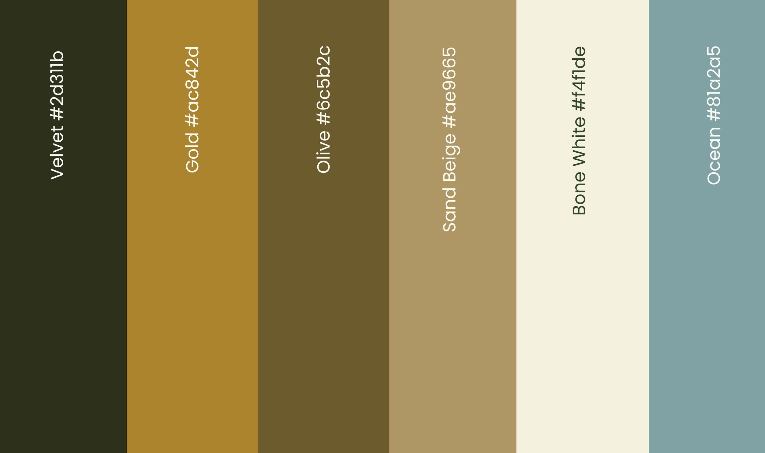 Una paleta de colores con tonos que van desde el verde oscuro hasta el azul océano. Incluye nombres y códigos hexadecimales para cada color, como 'Velvet', 'Gold', 'Olive', 'Sand Beige', 'Bone White' y 'Ocean'.