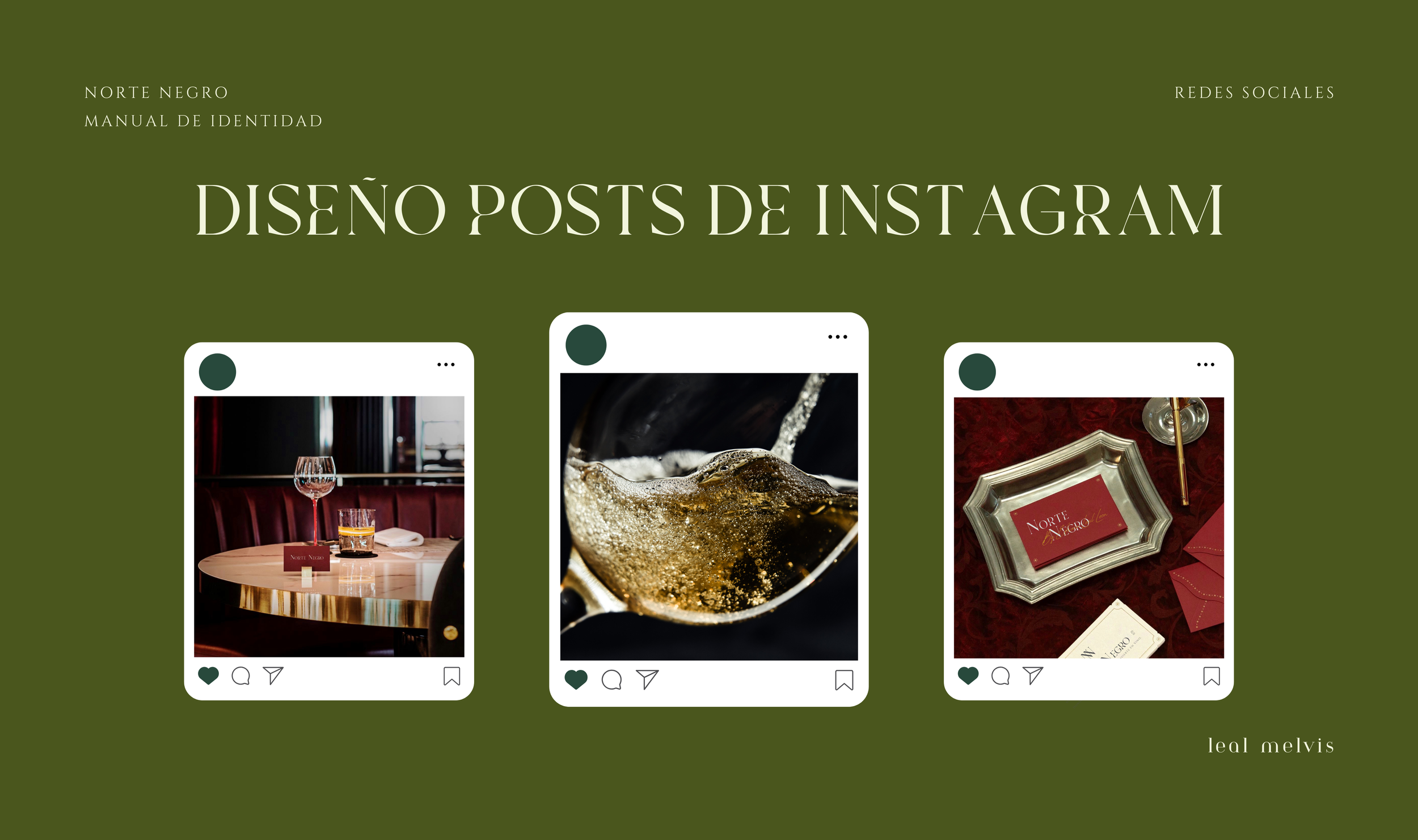 Diseño de publicaciones de Instagram con fondo verde y tres mockups de publicaciones: uno con mesa y copas de vino, otro con líquido burbujeante, y otro con objetos de bar y una tarjeta de presentación. Incluye texto en español relacionados con redes sociales y diseño de posts.
