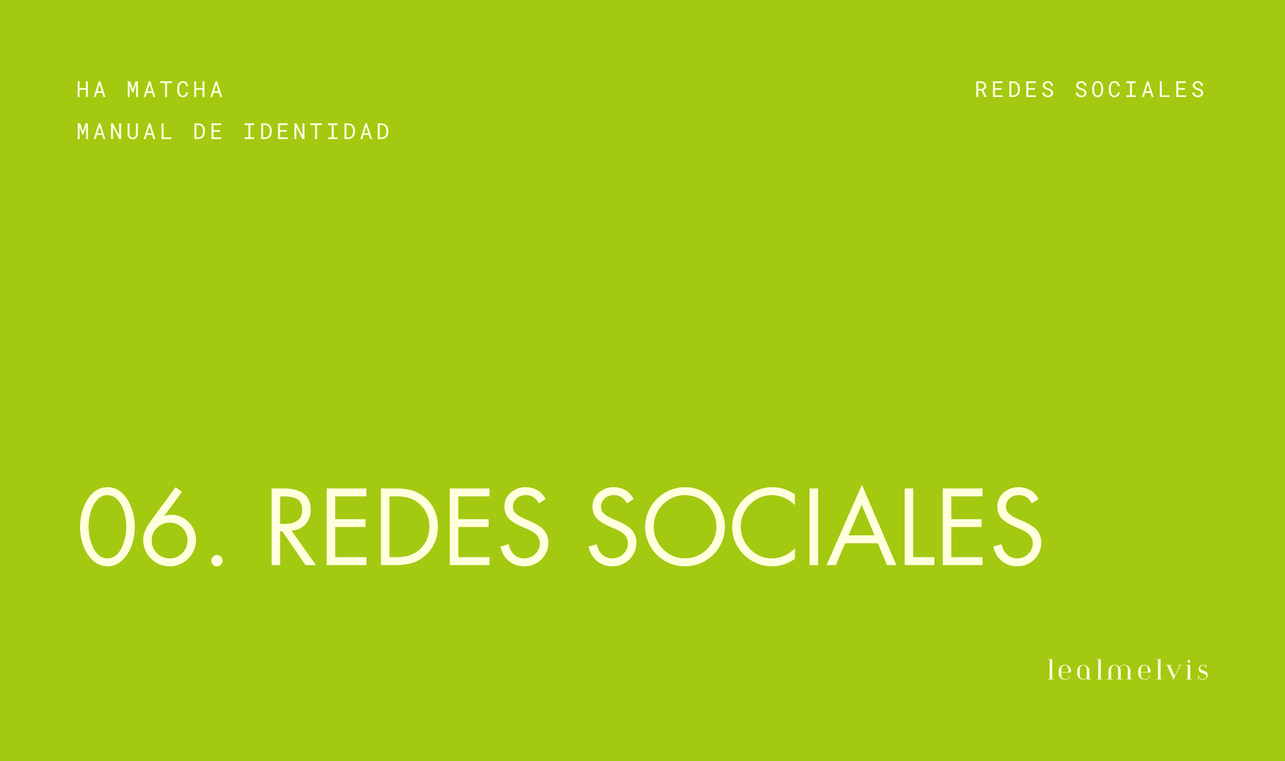 Portada de manual de identidad con fondo verde y texto en blanco que dice '06. Redes sociales'.