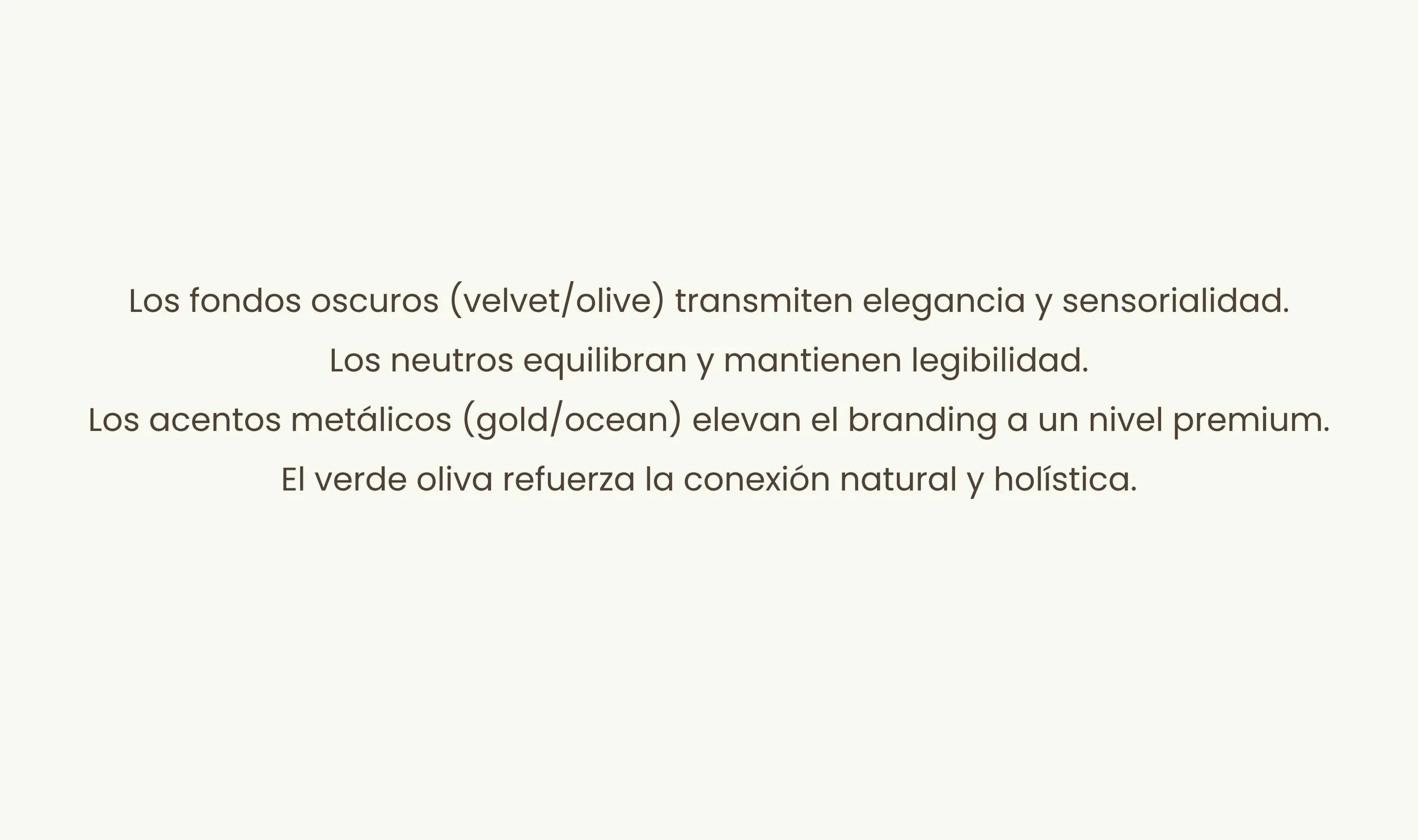 Texto en español que describe colores oscuros, tonos metálicos y verde oliva en un fondo claro.