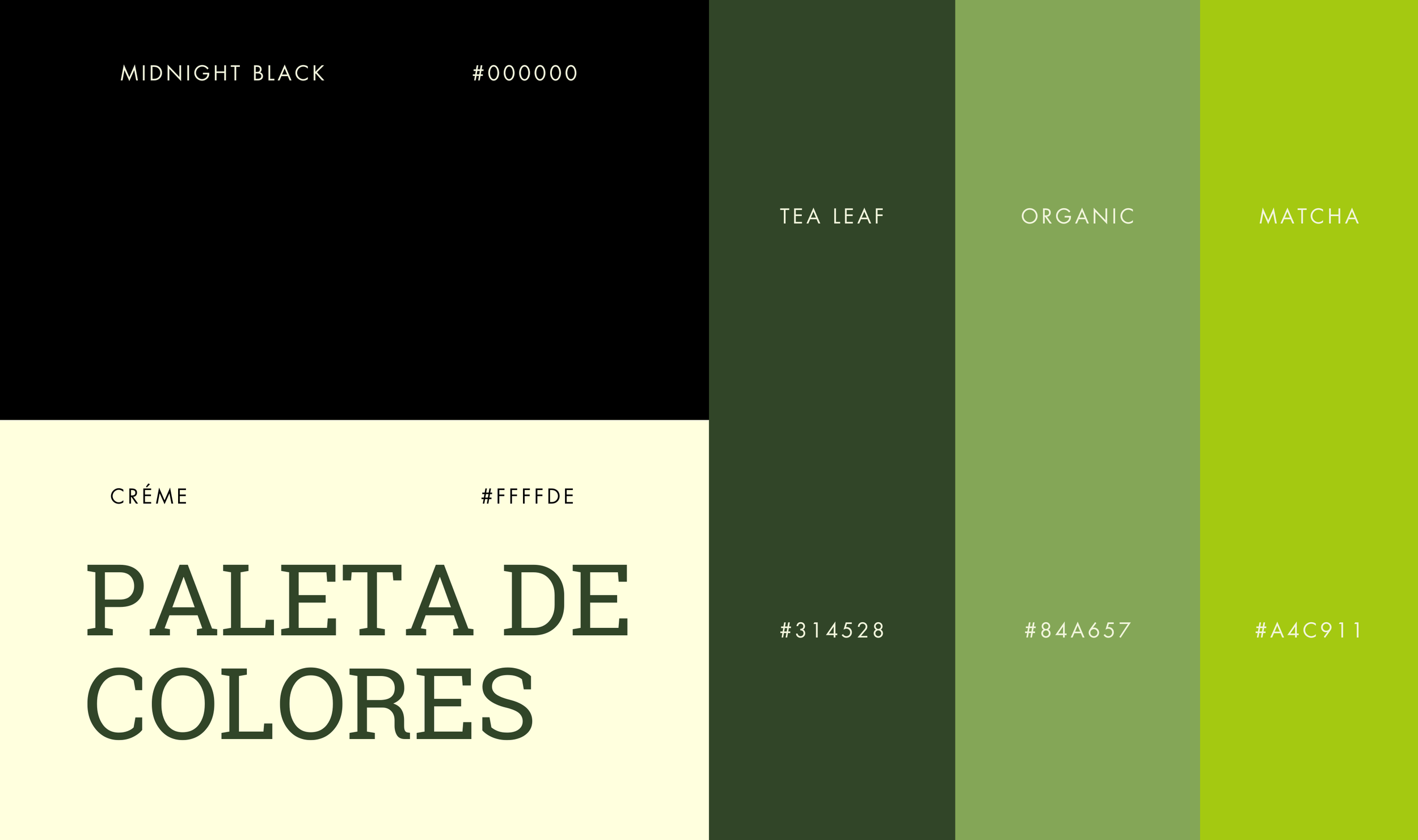 Paleta de colores con tonos negro, crema, verde oscuro, verde olivo y verde claro, con sus códigos hexadecimales y nombres.