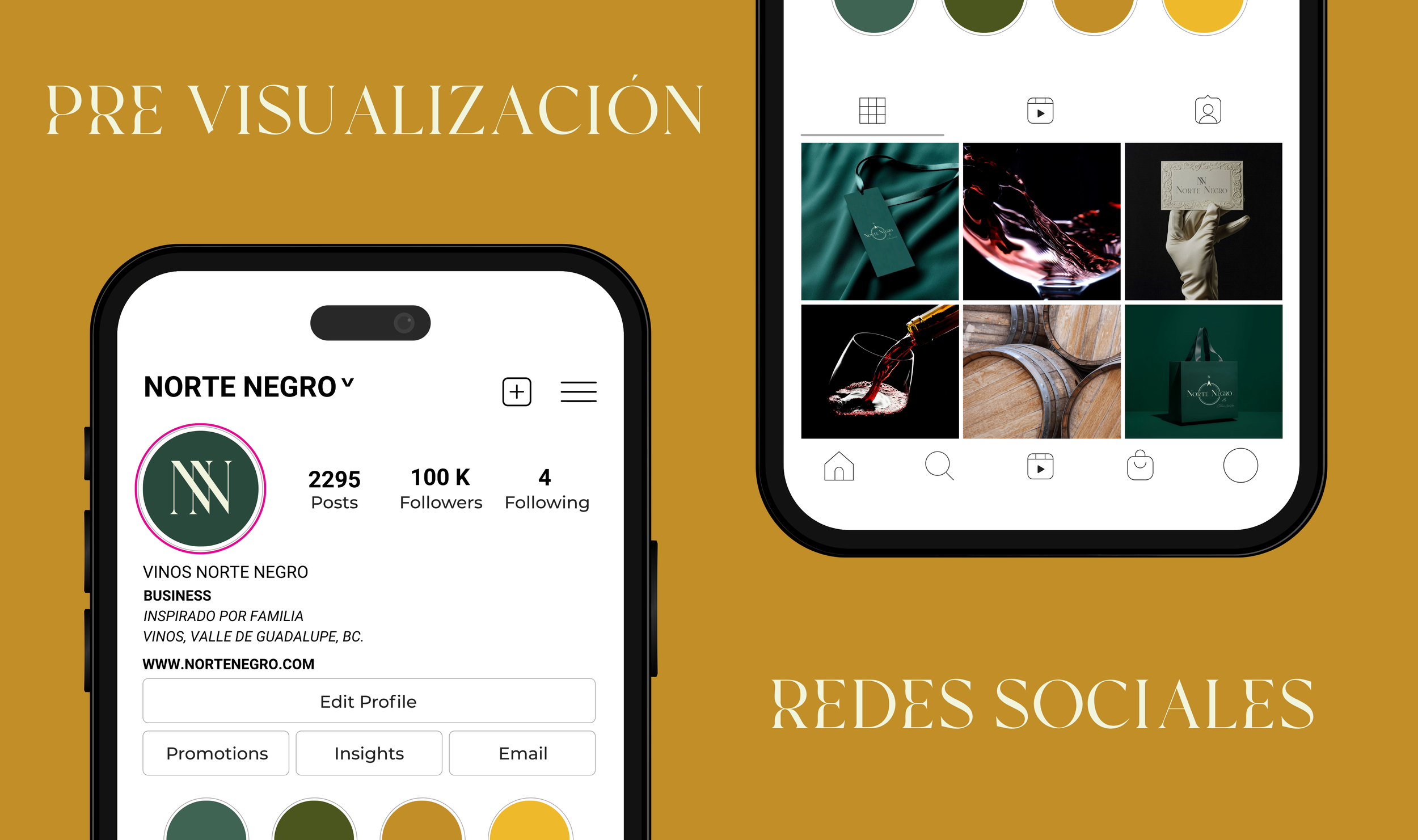 Pantallas de teléfono mostrando una cuenta de Instagram y su contenido, con un fondo color mostaza. Texto en la parte superior izquierda dice 'PRE VISUALIZACIÓN' y en la parte inferior derecha dice 'REDES SOCIALES'.