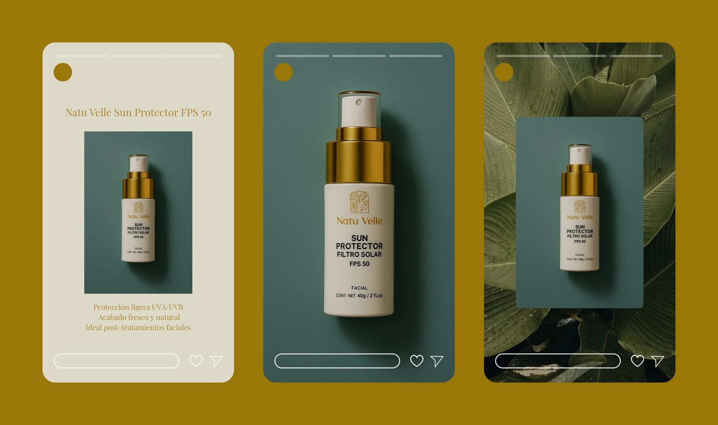 Tres pantallas mostrando un envase de protector solar Natu Velle con etiquetado en español. La pantalla izquierda tiene un fondo blanco con texto en dorado, la central tiene un fondo azul y el envase, y la derecha un fondo con hojas verdes.