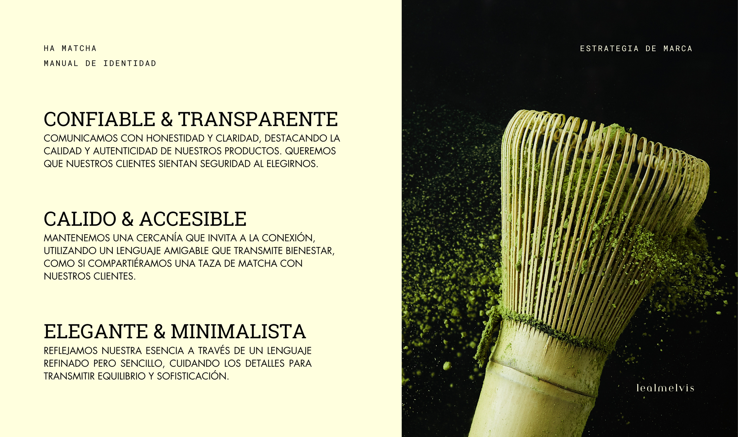 Página de presentación de una marca, con texto en español sobre sus valores y una imagen de un pincel de Bambú con polvo de matcha, en un diseño minimalista