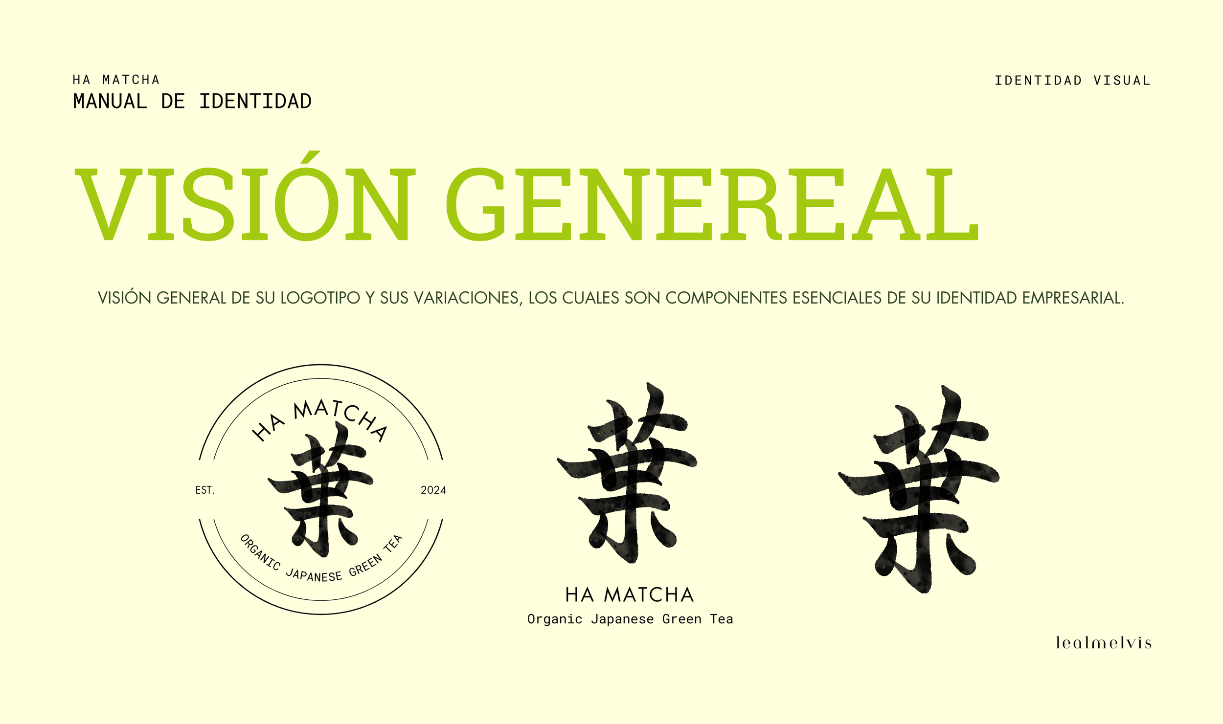 Página de manual de identidad visual con el título 'Visión General' en letras verdes grandes, logo circular con caracteres en japonés y texto en inglés y español, y dos caracteres japoneses en el centro.