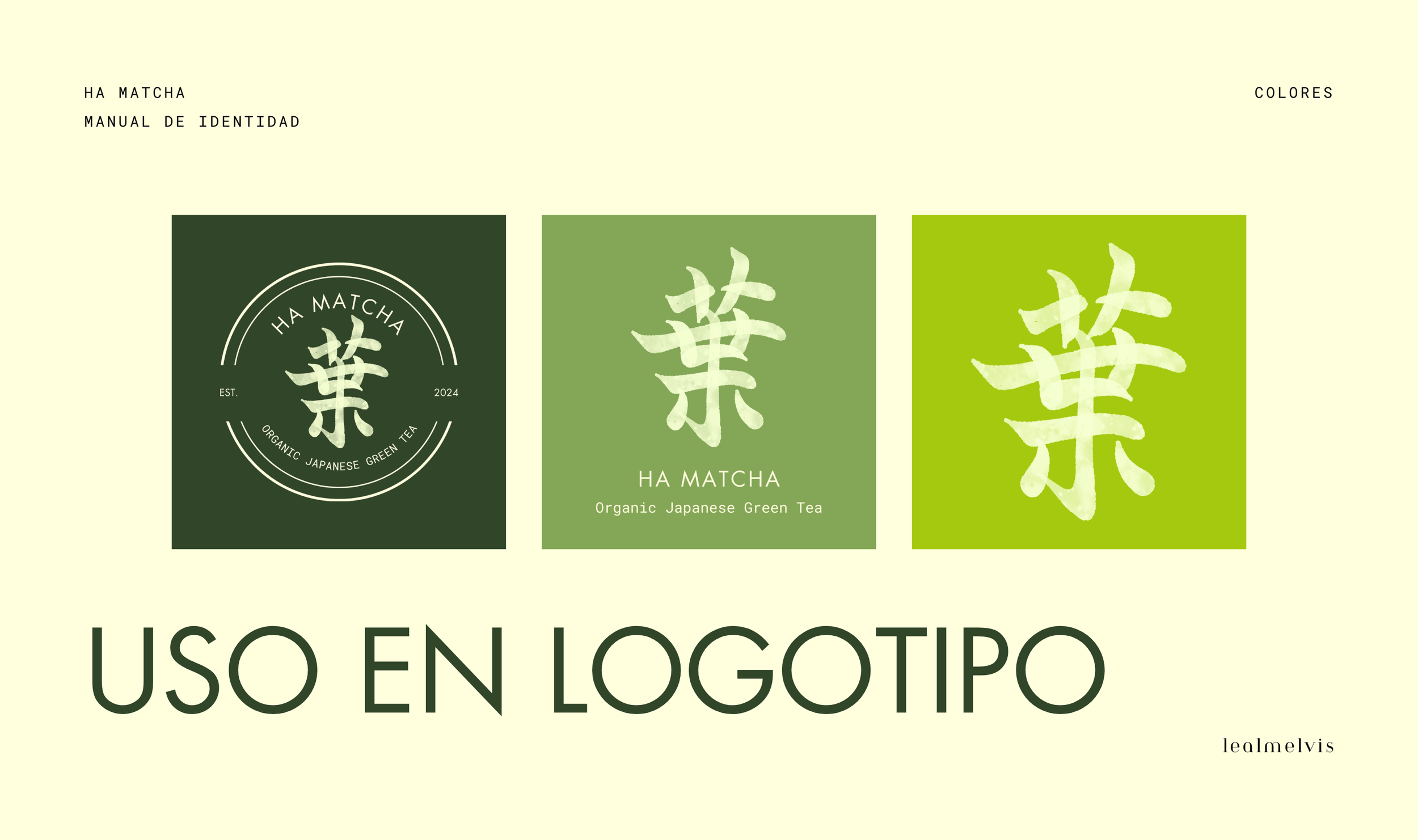 Comparación de diferentes diseños de logotipos de té verde japonés 'HA MATCHA' en tonos verdes y con caracteres kanji