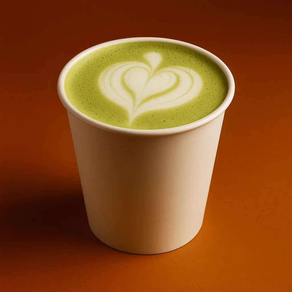 Vaso de cartón con bebida de matcha con diseño de corazón en la superficie