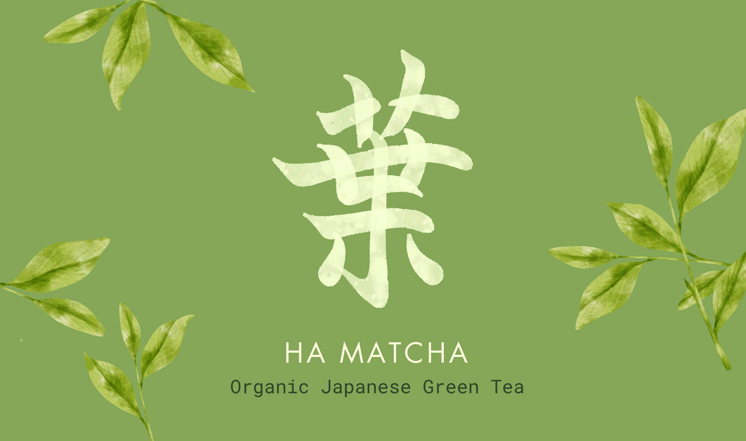 Etiqueta de té verde japonés orgánico con fondo verde y decoraciones de hojas.