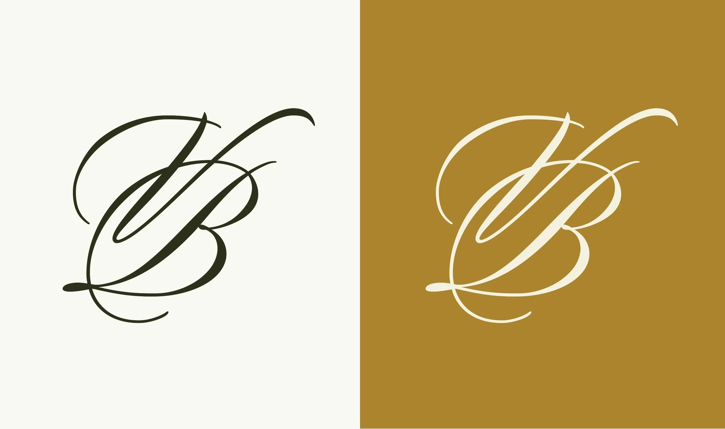 Logotipo con letras estilizadas blancas y negras en fondo dividido en colores gris y dorado.