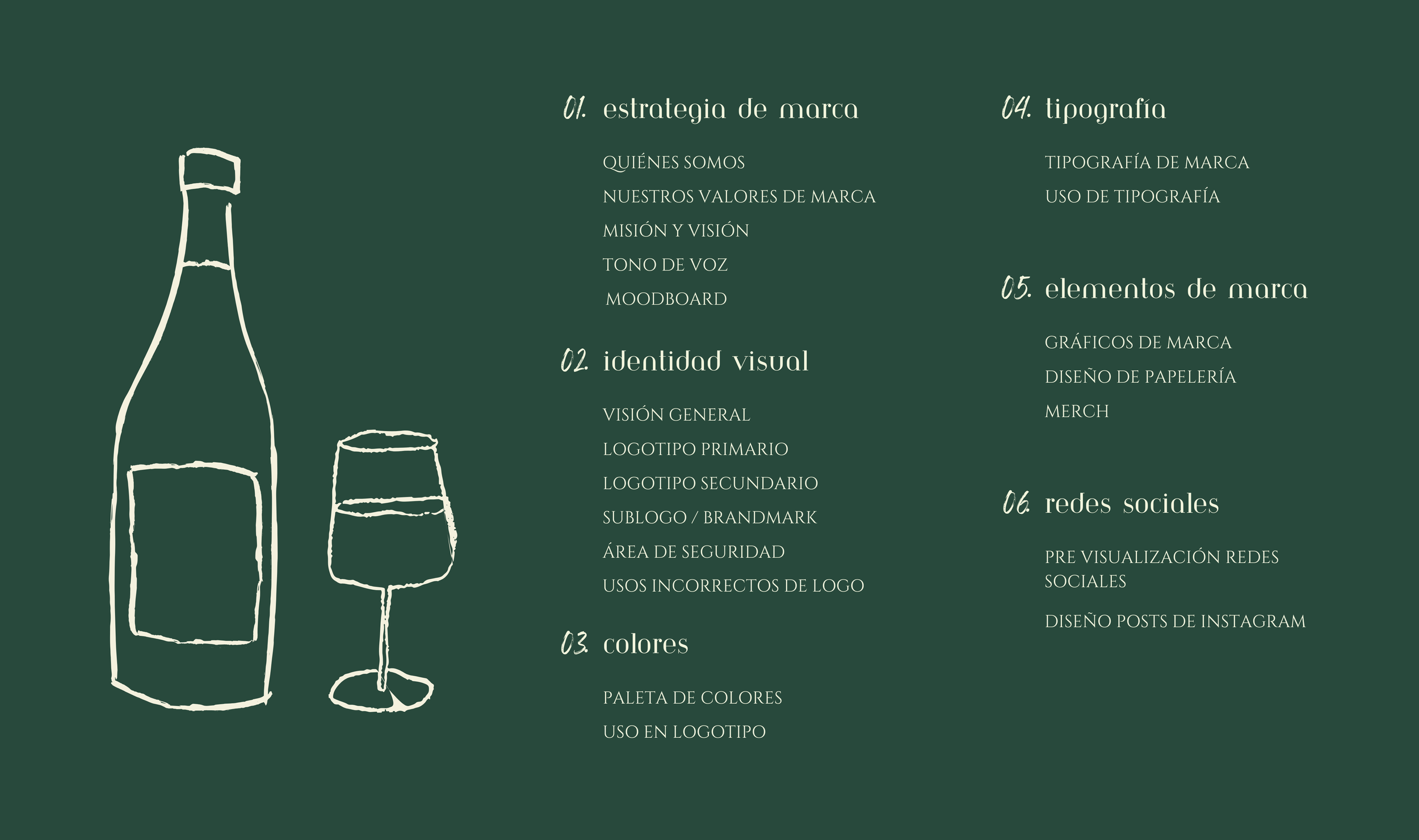 Paleta de colores verde con dibujo de botella de vino y copa, lista para una presentación sobre estrategia de marca.