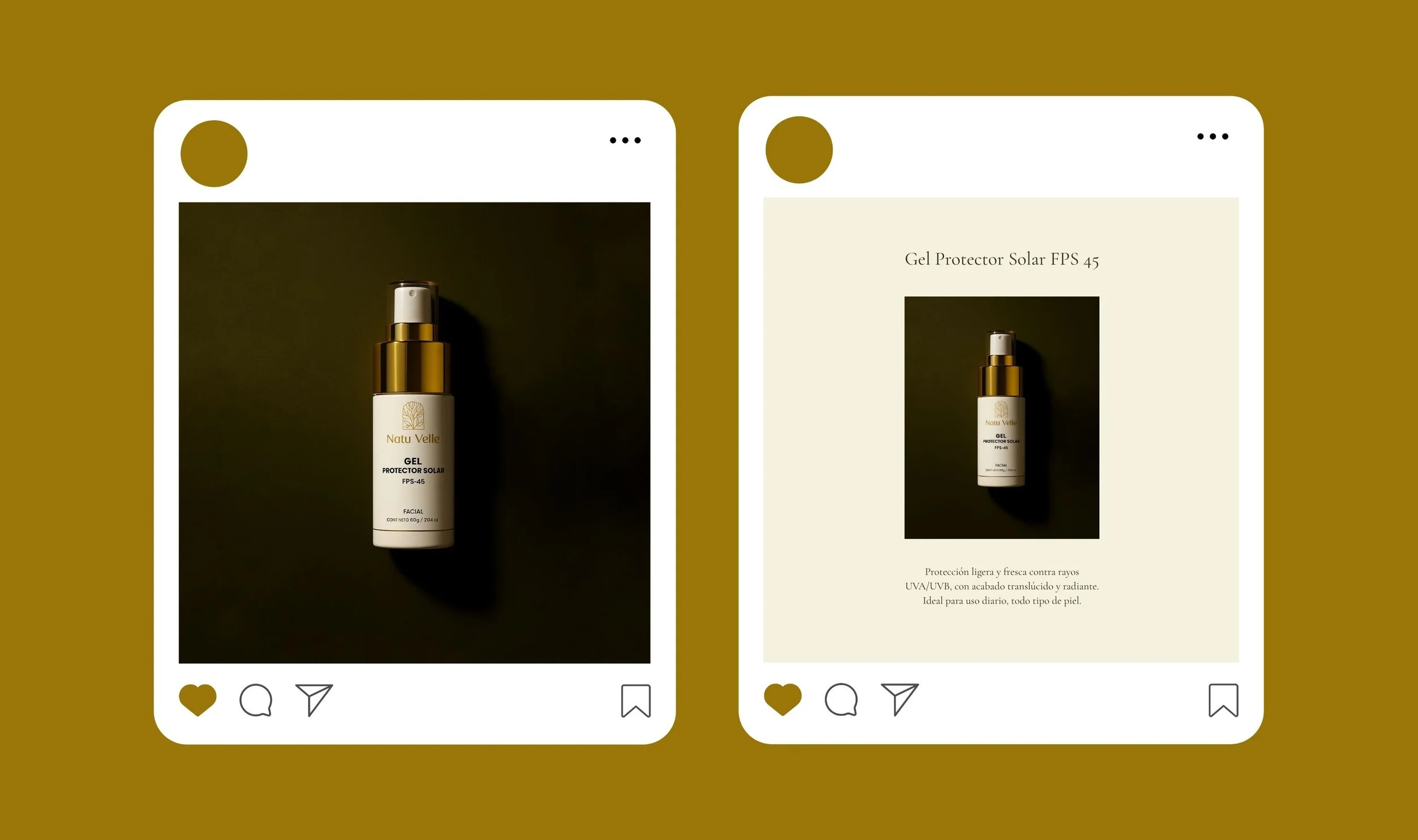 Imagen de un producto llamado Gel Protector Solar FPS 45 en frasco con dispensador dorado, en fondo oscuro, similar a una publicación en redes sociales.