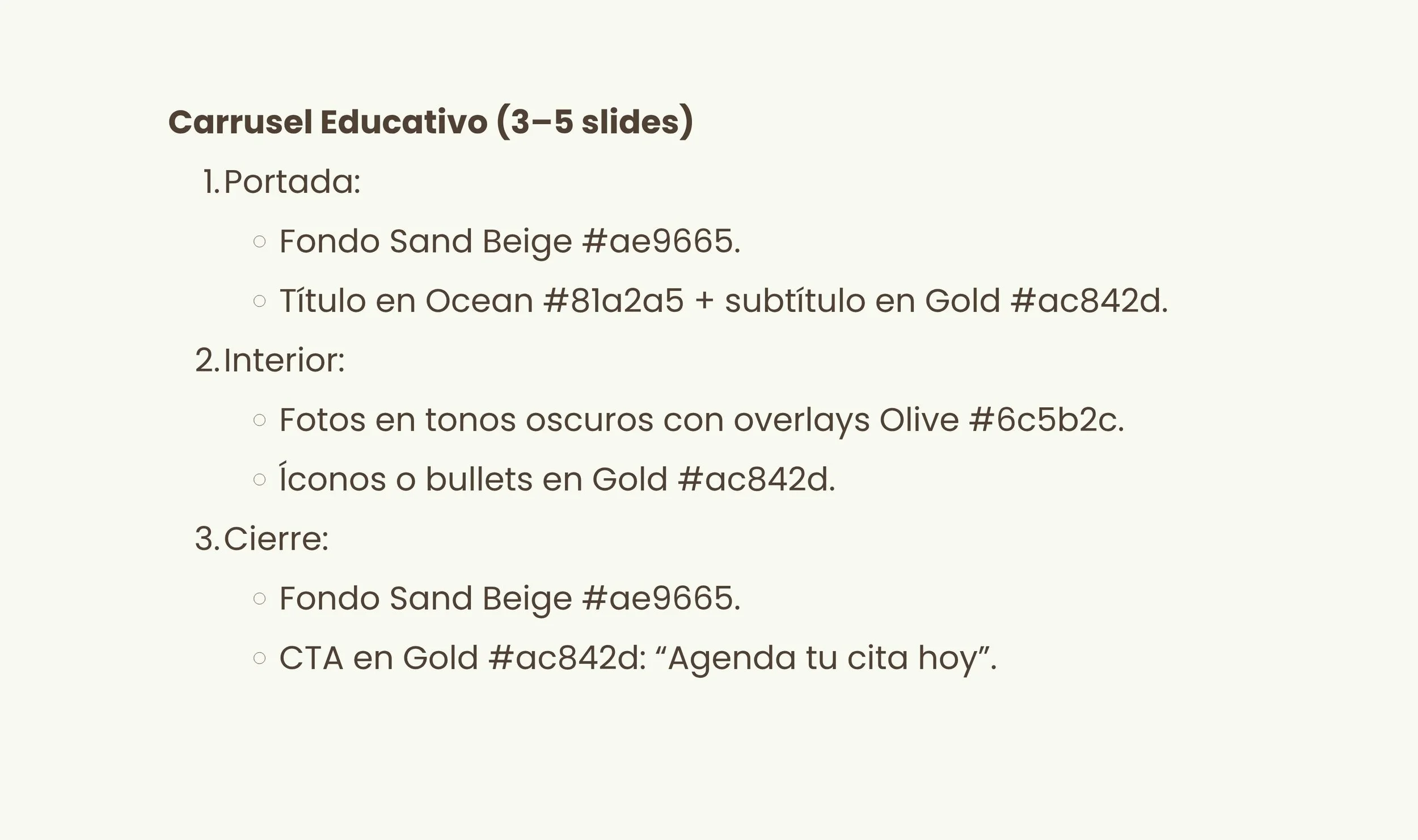 Diapositiva con estructura de carrusel educativo, incluyendo secciones de portada, interior y cierre, con referencia a fondos, títulos, iconos y CTA, en tonos beige y oscuros.