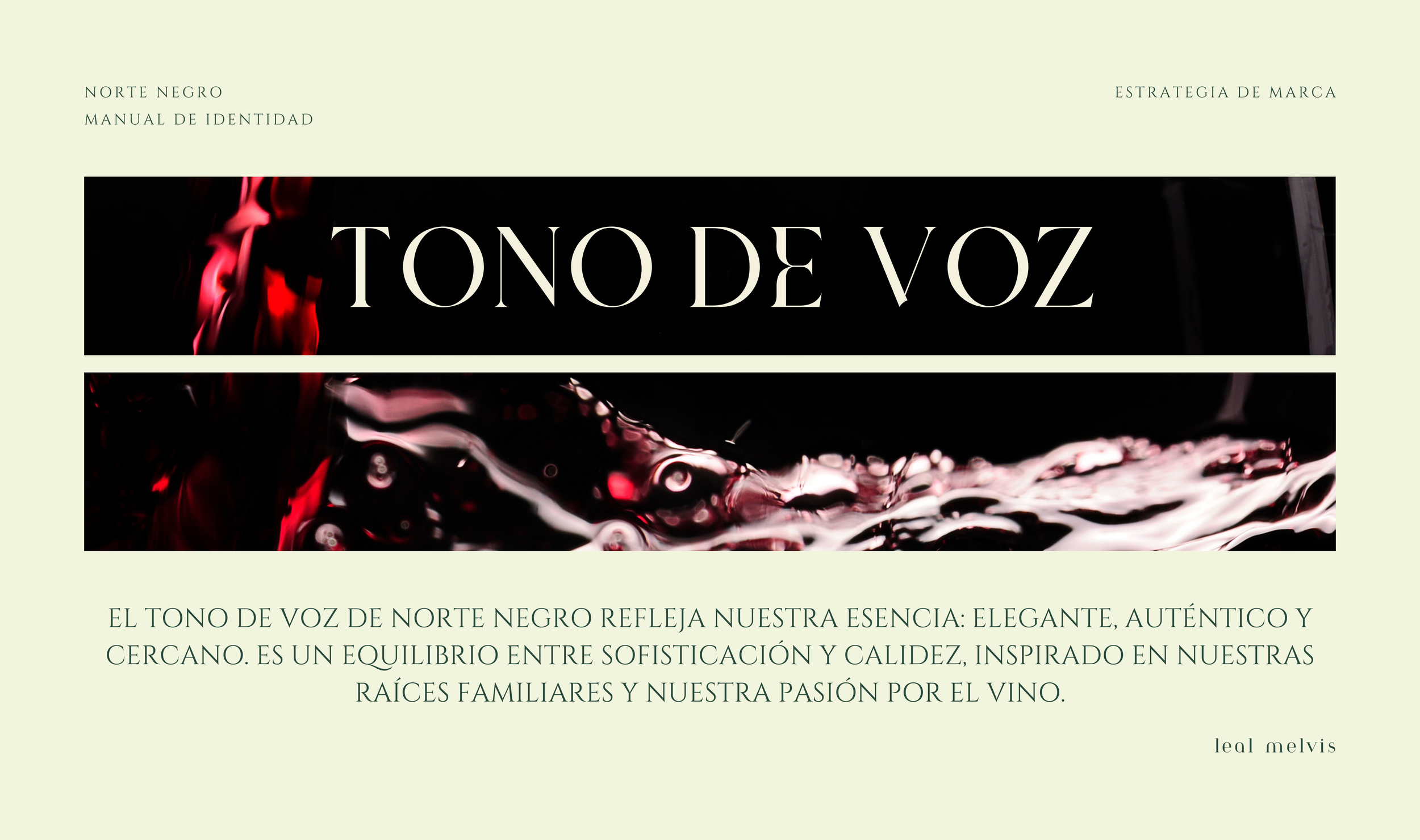 Publicidad de un vino llamada 'Tono de Voz' con un fondo de vino tinto en líquido y frases en español que hablan de la esencia y el estilo del vino, en colores oscuros y elegantes.
