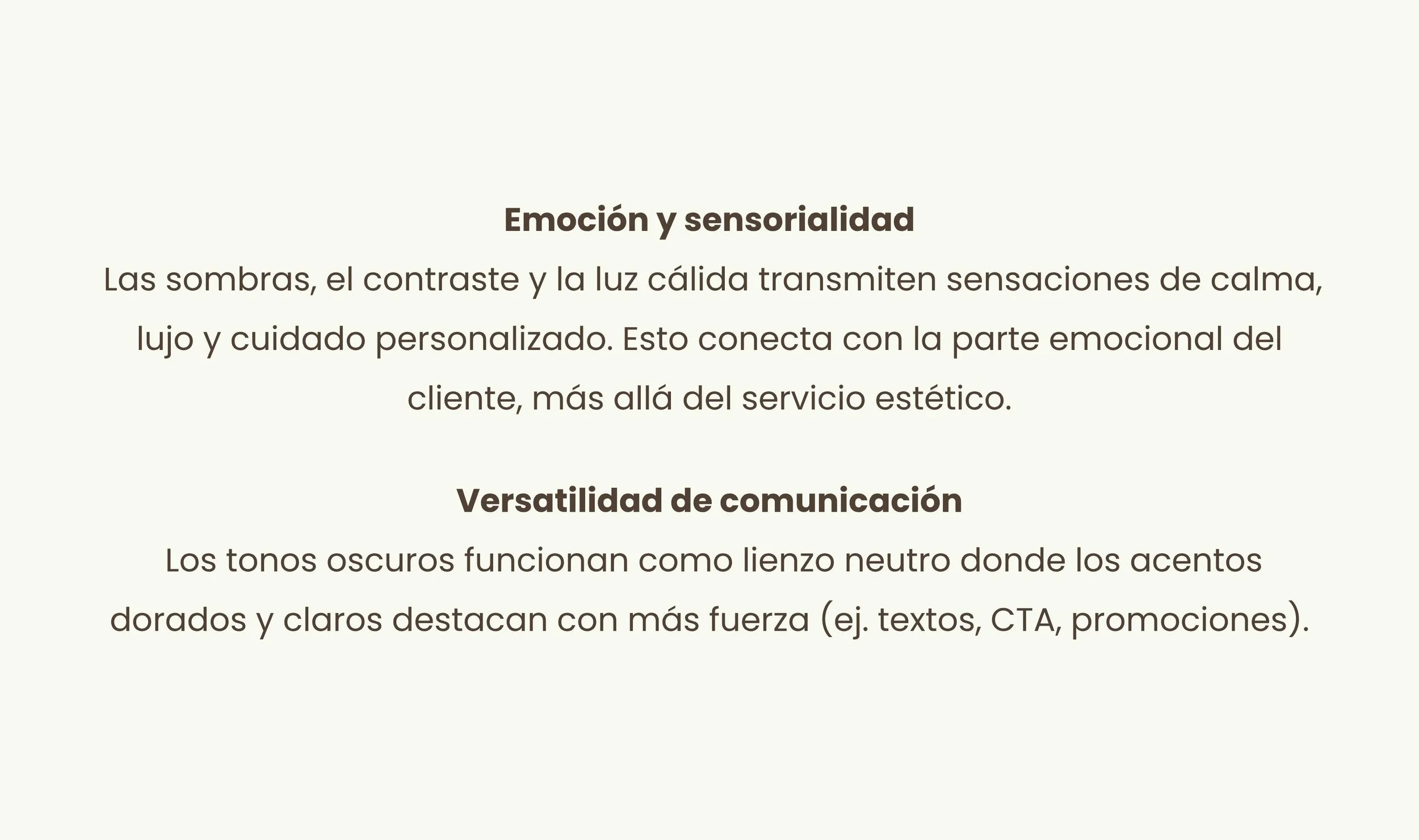 Texto sobre las sensaciones y comunicación en estética, mencionando el uso de sombras, contraste y luces cálidas, así como tonos oscuros como elementos de comunicación efectiva.
