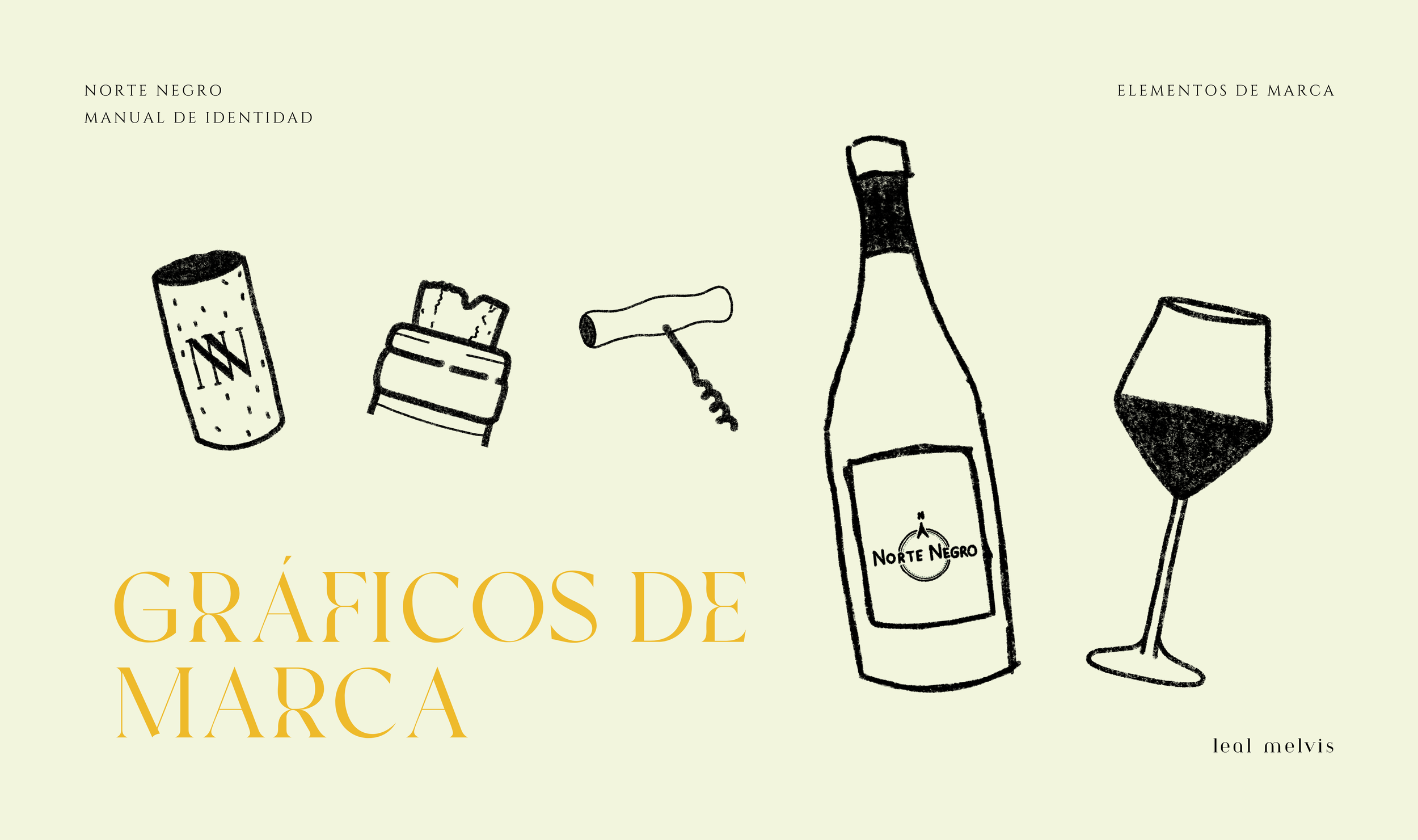 Portada de una guía titulada 'Gráficos de Marca' con ilustraciones en línea de un tapón de botella, un sacacorchos, una botella de vino y una copa de vino en un fondo verde claro.