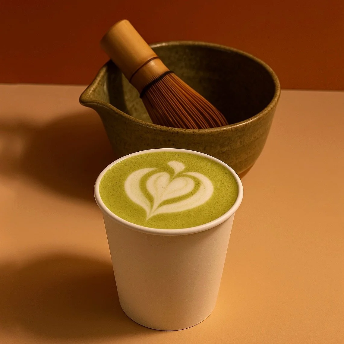 Taza de té matcha con arte en la espuma, acompañada de un mortero y un batidor de bambú detrás.