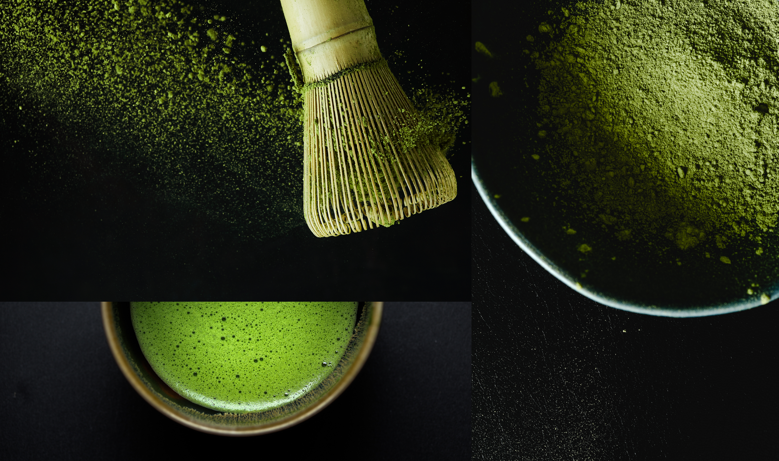 Tazas de matcha con polvo de té verde en una superficie negra, una de las tazas muestra una superficie espumosa y vibrante.