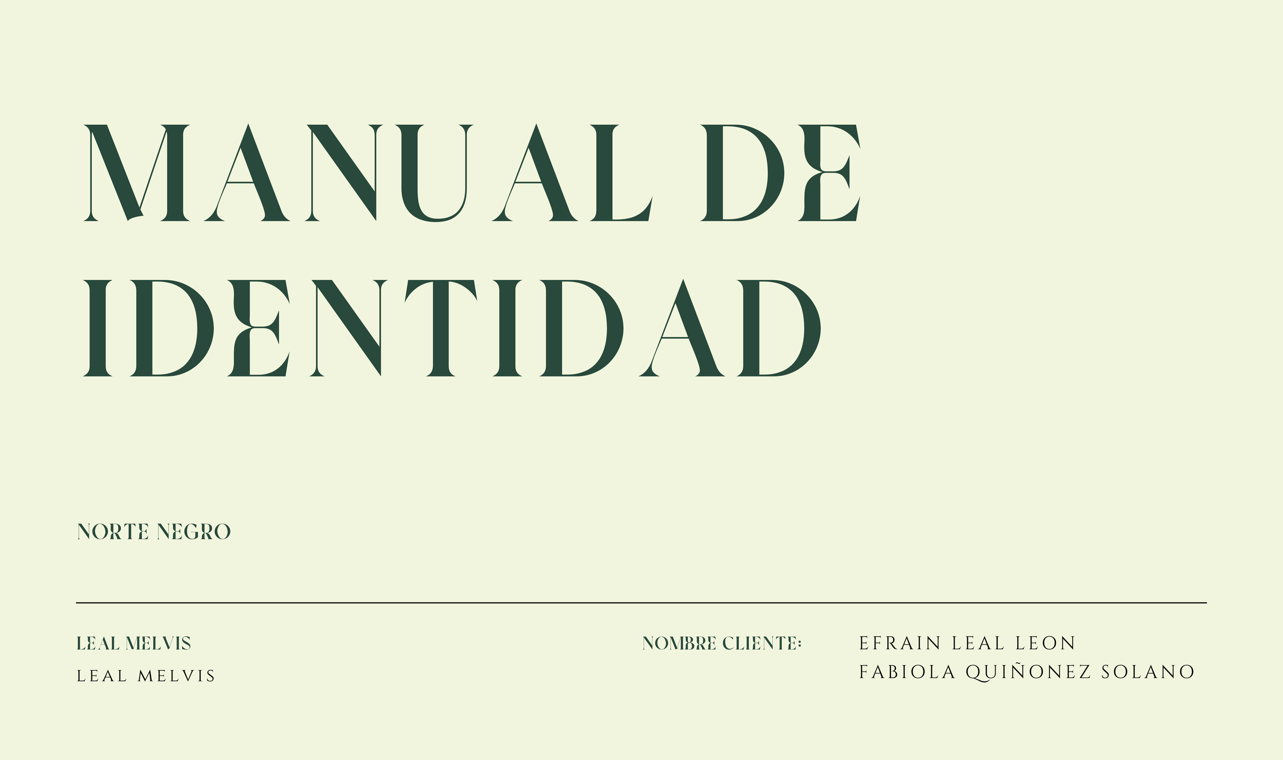 Portada de un manual de identidad visual con fondo verde claro y texto grande que dice 'Manual de Identidad', además de nombres y datos en letras pequeñas.