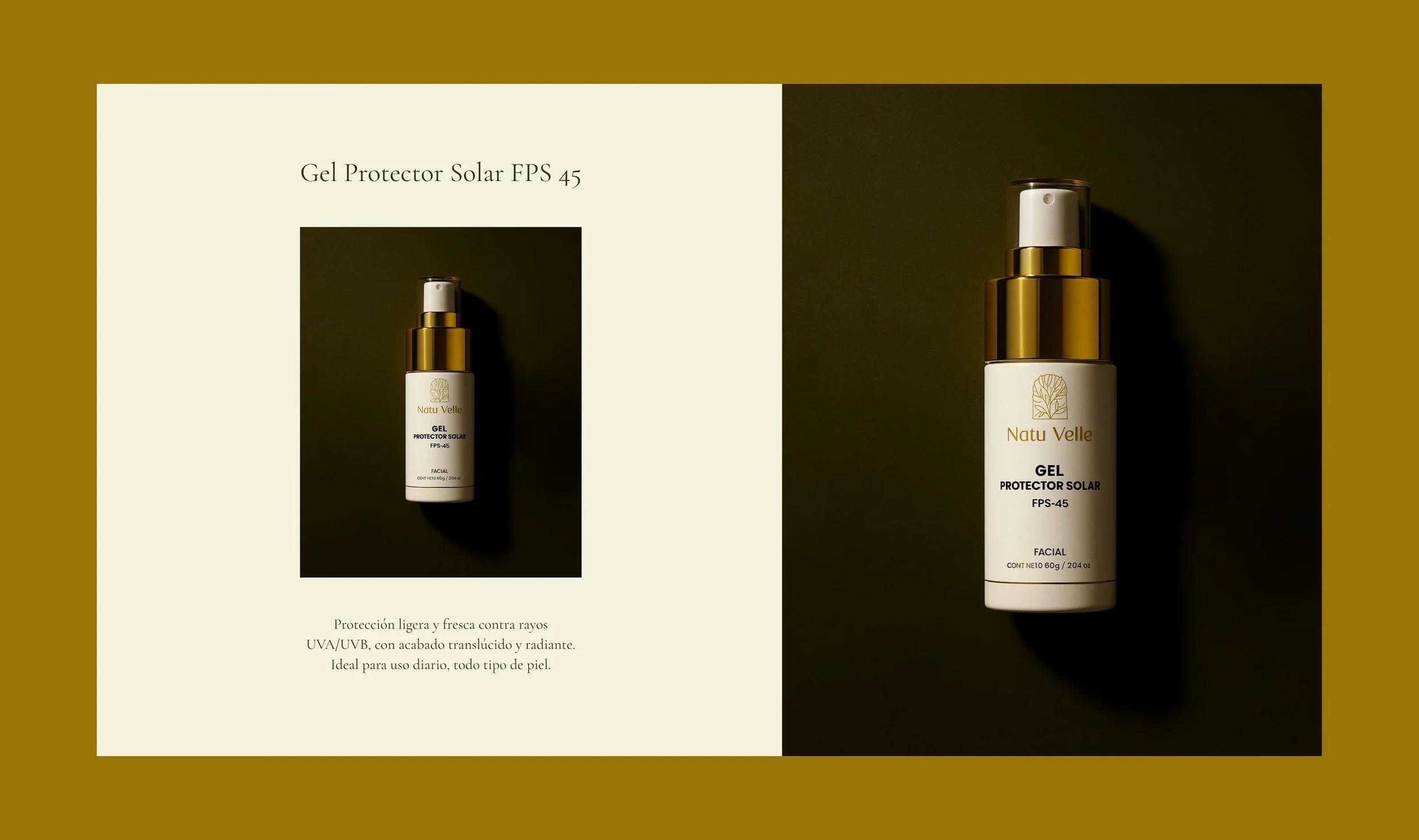 Una botella de gel protector solar Natu Velle sobre un fondo oscuro, mostrada en primer plano y en tamaño real, con una parte de la etiqueta visible y visible en la imagen.