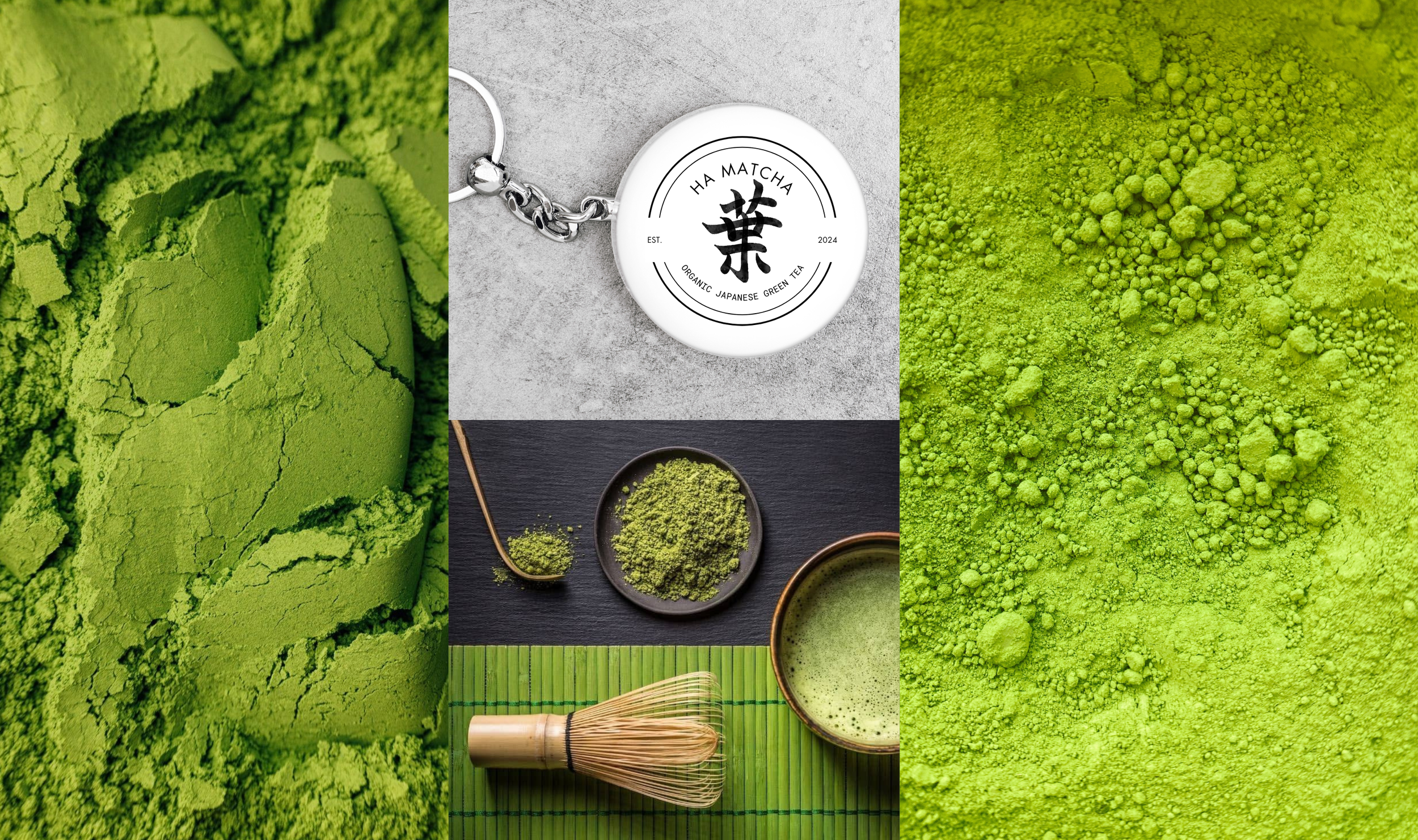 Mezcla de polvo de matcha verde en varios lugares, incluido un recipiente de matcha preparado, un awashi y paquetes de polvo de matcha, con un colgante de logo de una marca de té en el centro.