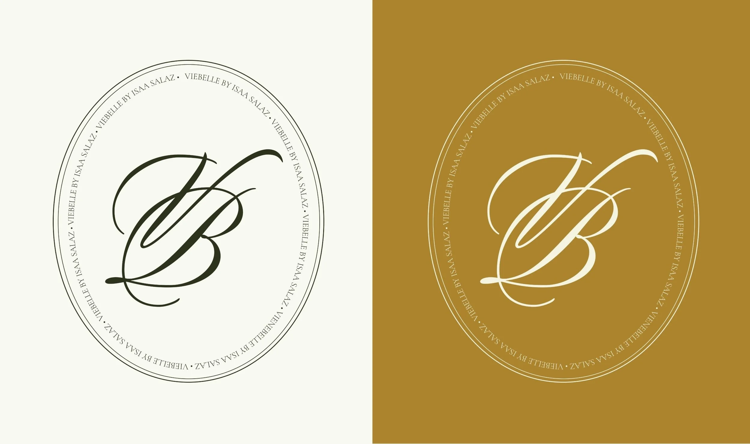 Logotipo con monograma de letras 'V' y 'B' en letra cursiva, rodeado por un círculo con texto que dice 'Viebelle by Isra Salaz' y 'Viebelle by Issa Salaz', en diferentes fondos, uno blanco y otro dorado.
