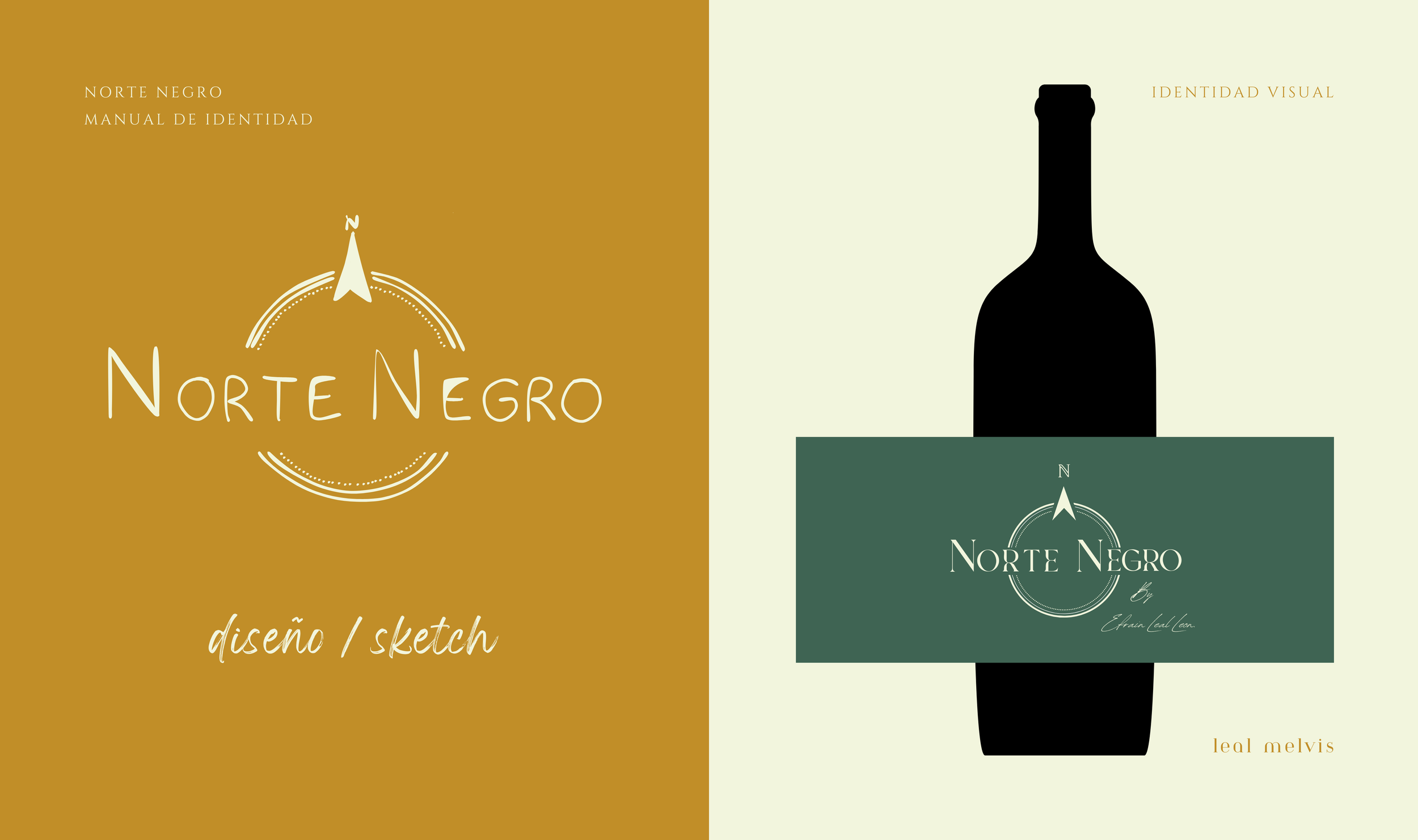 Diseño de manual de identificación con fondo en color marrón y verde, con una silueta de botella en negro y un logotipo de Norte Negro que incluye una brújula y texto en español.