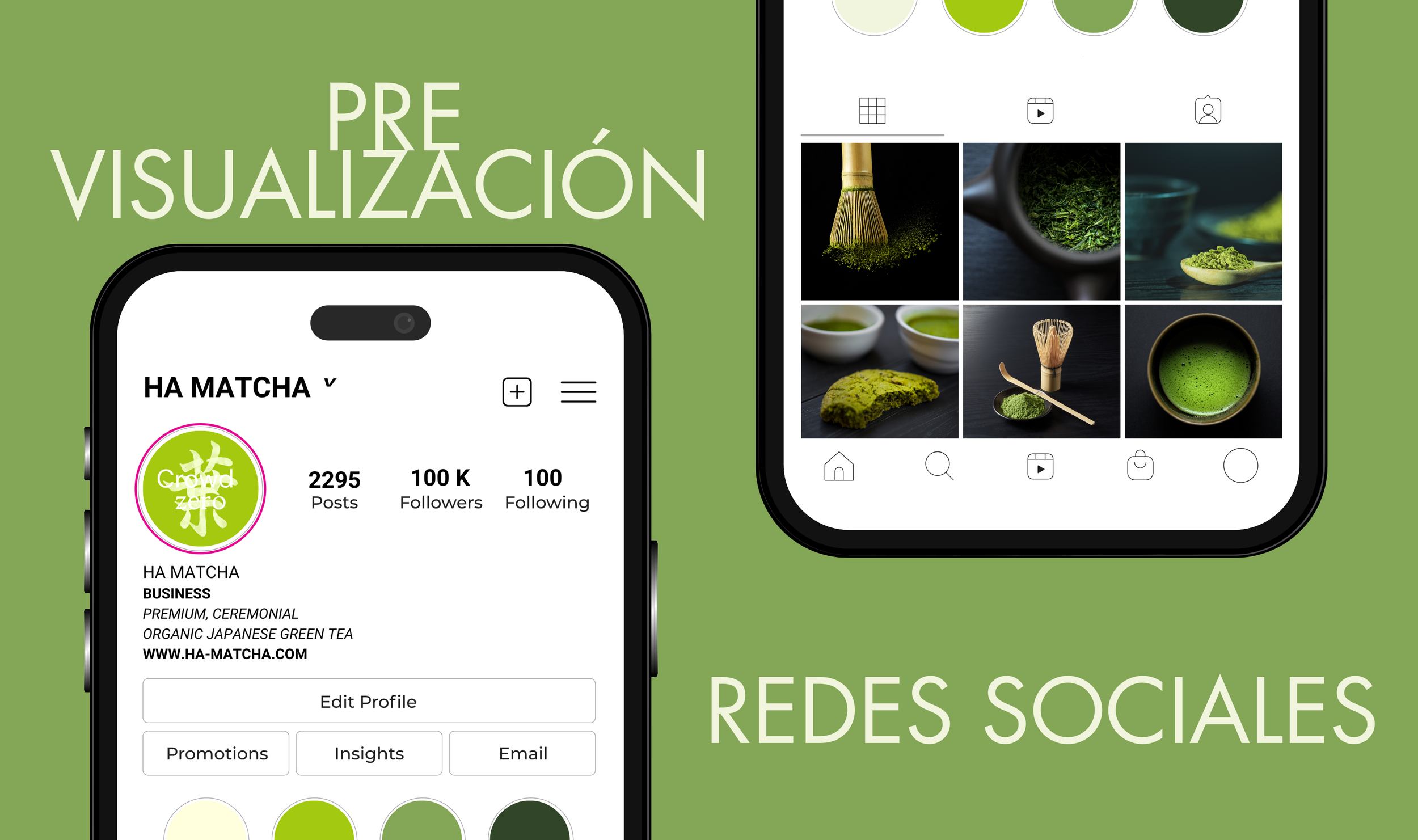 Pantalla de un teléfono móvil mostrando perfil de una cuenta de Instagram de una marca de té matcha llamada 'HA MATCHA'. La pantalla muestra información de seguidores, seguidores, posts y enlaces, y botones para editar perfil, promociones, insights y correo. La imagen también incluye una captura de pantalla del apartado de fotos del perfil, con varias imágenes relacionadas con el té matcha, y el fondo es de color verde con el texto 'PREVISUALIZACIÓN REDES SOCIALES'.