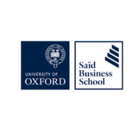 Two dark blue rectangular logos side by side, with the left logo featuring a circular emblem and 'University of Oxford' text, and the right logo containing a small graphic with the words 'Said Business School'.