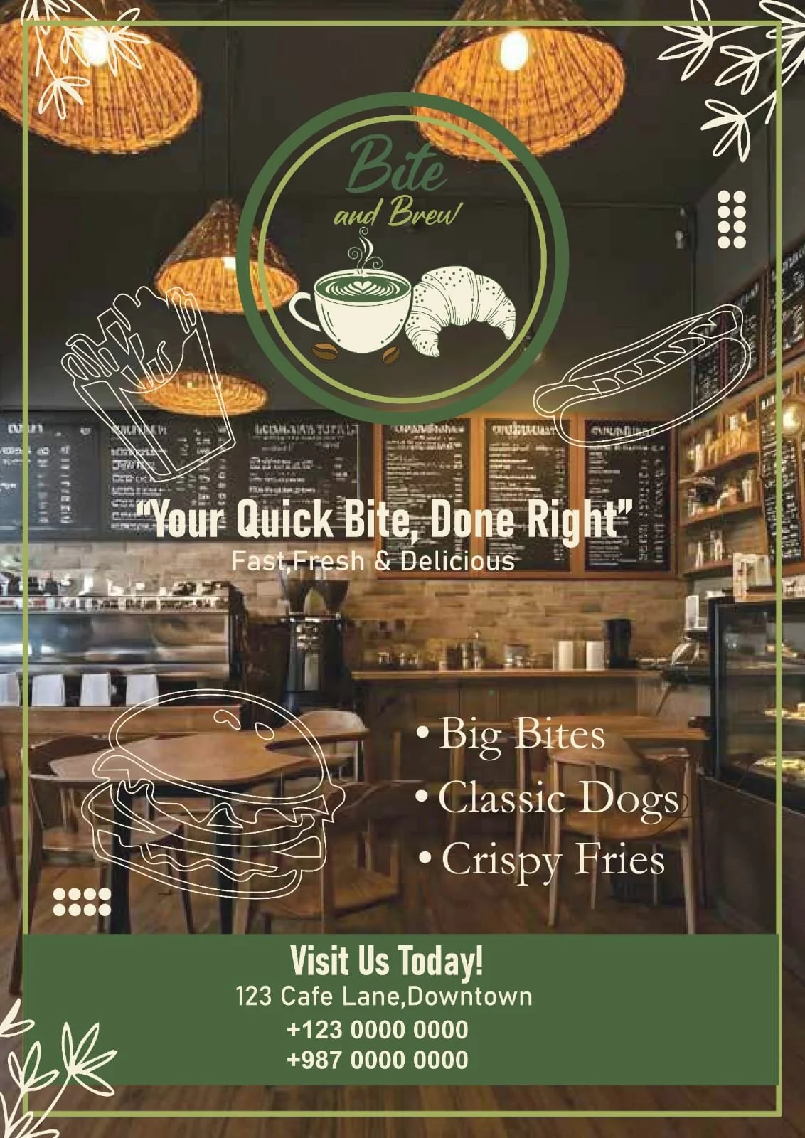 A cafe menu flyer for 'Bite and Brew' featuring a coffee cup with a croissant, a hot dog, and a burger illustration, with text highlighting quick bites such as big bites, classic dogs, and crispy fries, and contact information at the bottom.
