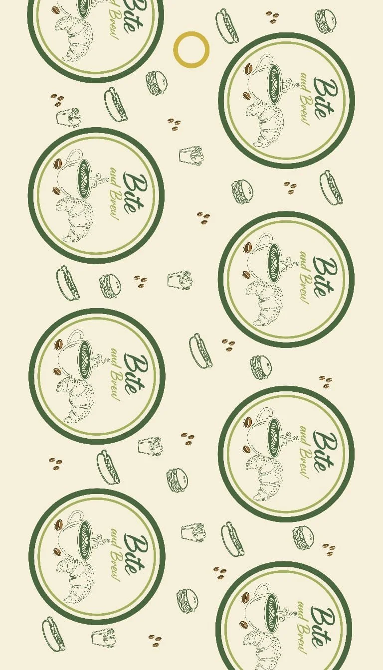 Pattern featuring coffee cups, croissants, and jars on a light background with circular logos that say "Bite and Bowel" and include an illustration of almonds and a steaming bowl of soup.